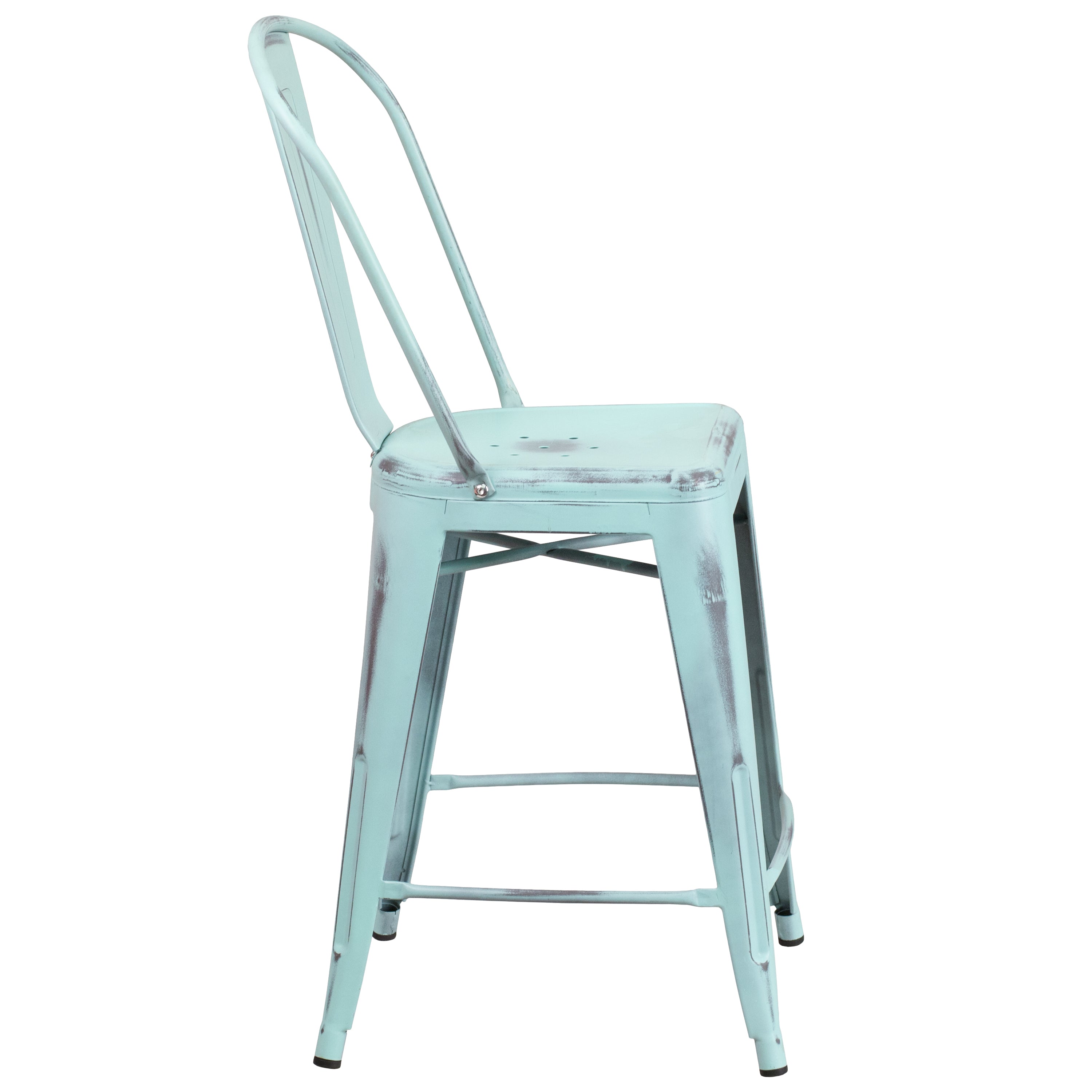 Carly Commercial Grade 24" High Distressed Green-Blue Metal Indoor-Outdoor Counter Height Stool with Back