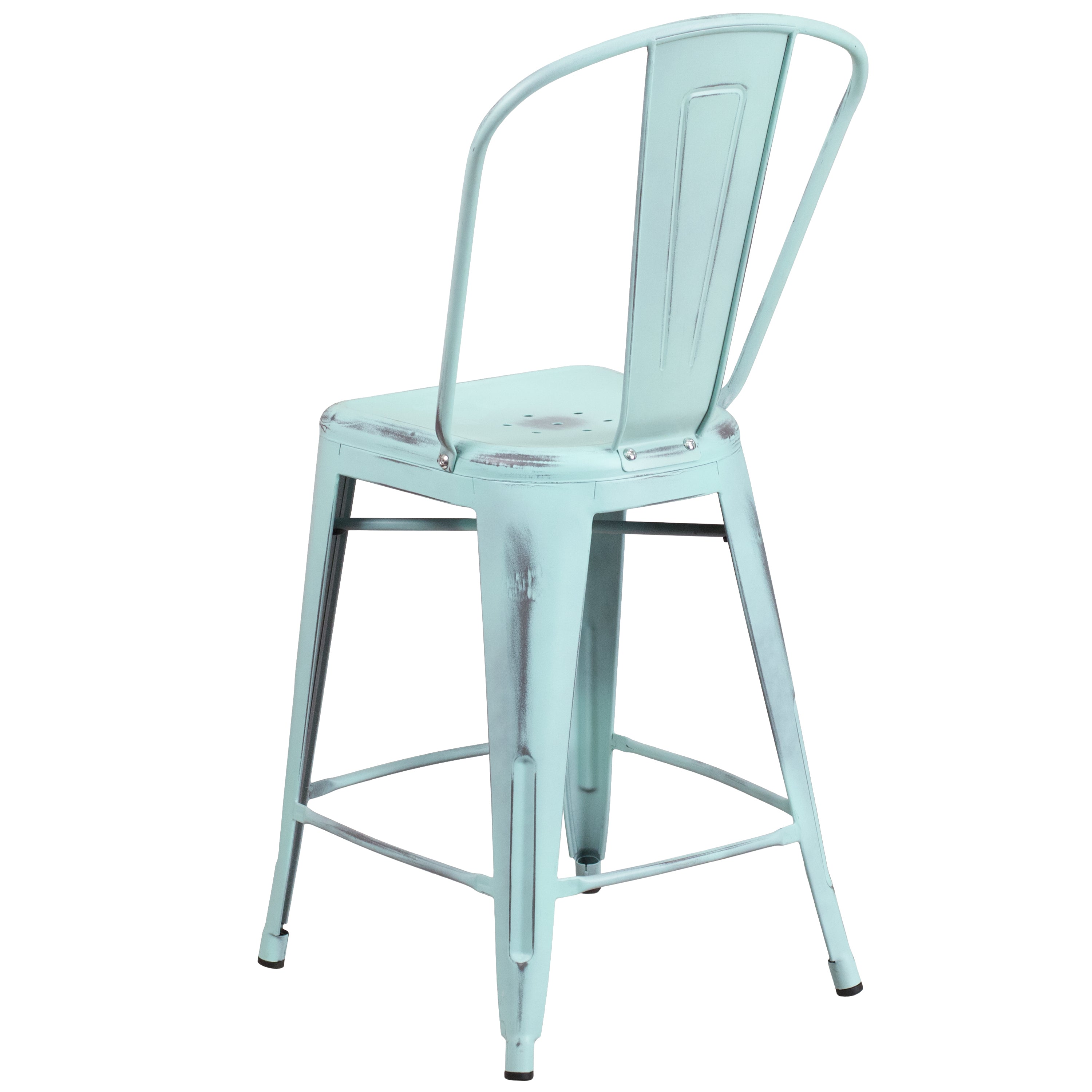 Carly Commercial Grade 24" High Distressed Green-Blue Metal Indoor-Outdoor Counter Height Stool with Back