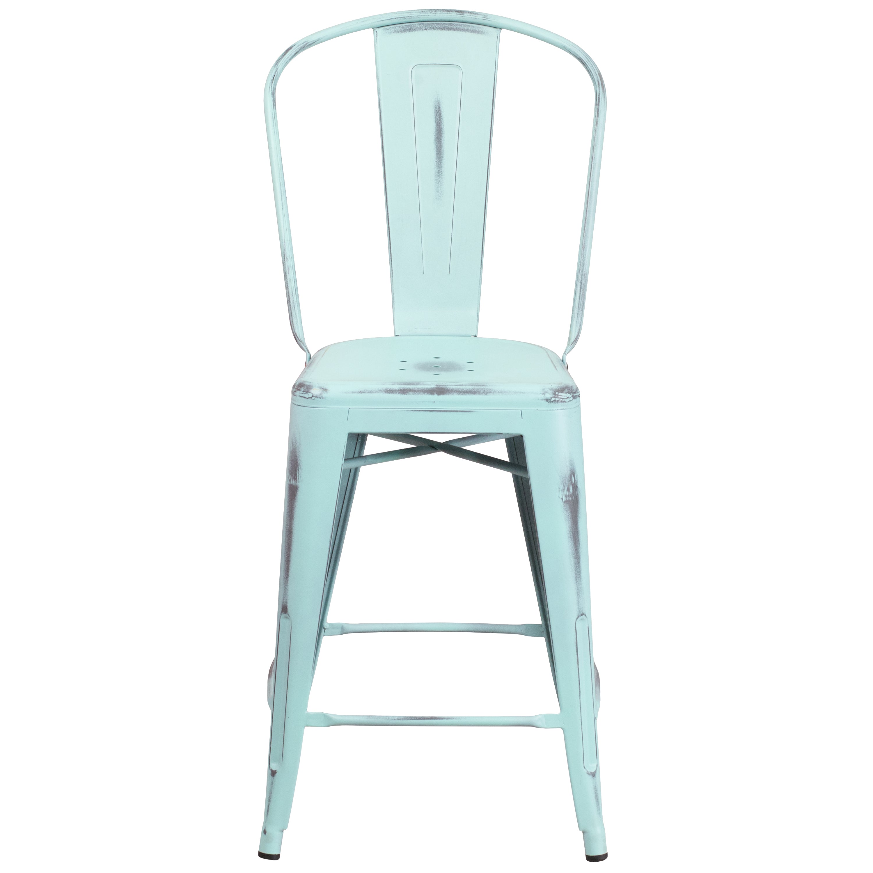 Carly Commercial Grade 24" High Distressed Green-Blue Metal Indoor-Outdoor Counter Height Stool with Back