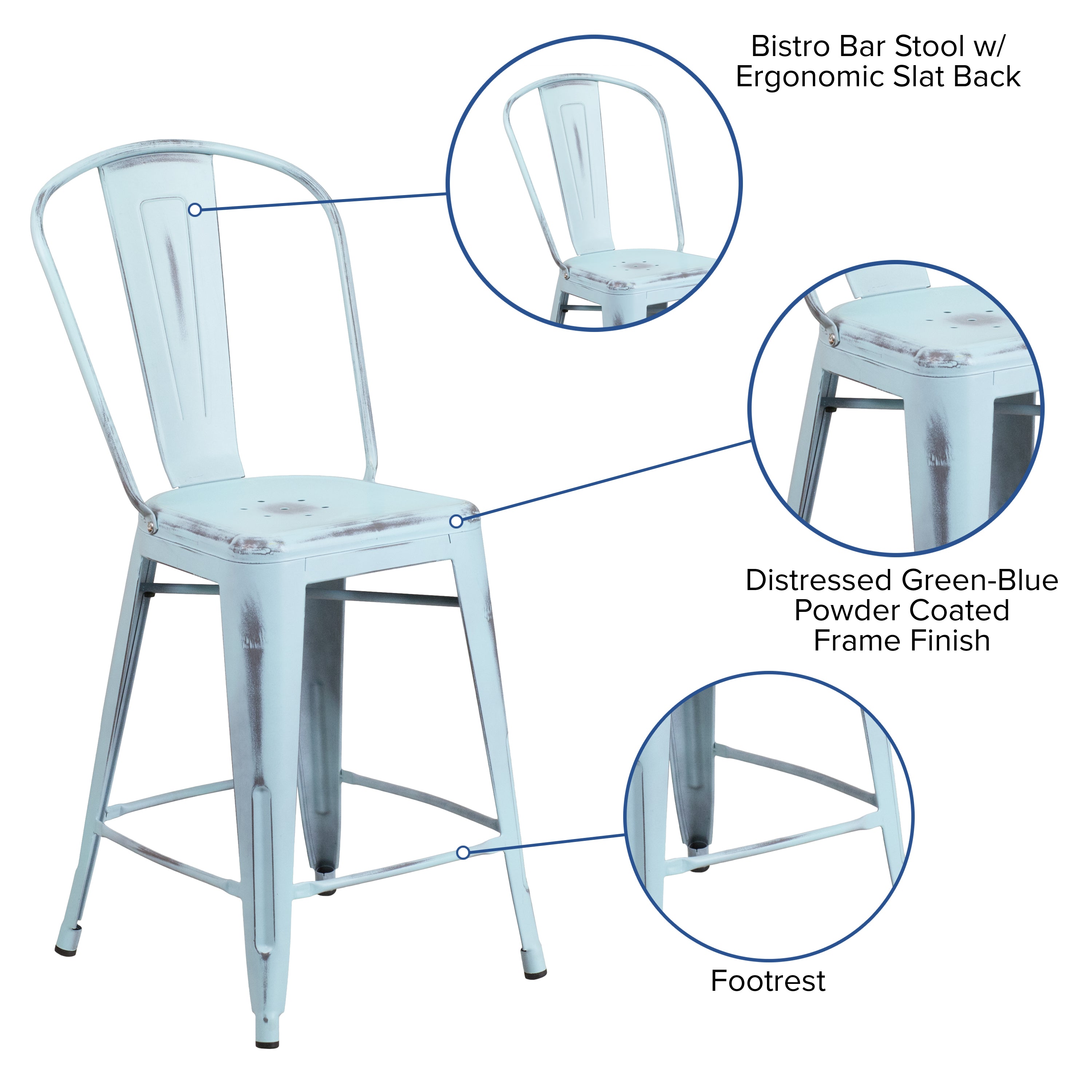 Carly Commercial Grade 24" High Distressed Green-Blue Metal Indoor-Outdoor Counter Height Stool with Back