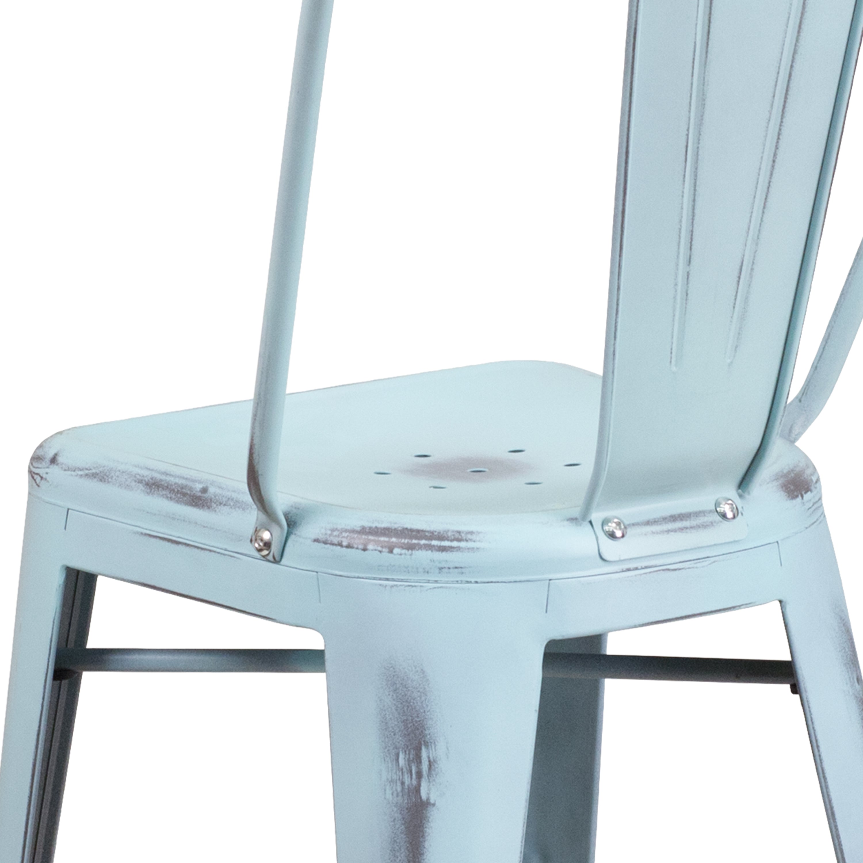 Carly Commercial Grade 24" High Distressed Green-Blue Metal Indoor-Outdoor Counter Height Stool with Back