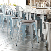 Carly Commercial Grade 24" High Green-Blue Metal Indoor-Outdoor Counter Height Stool with Back with Gray Poly Resin Wood Seat