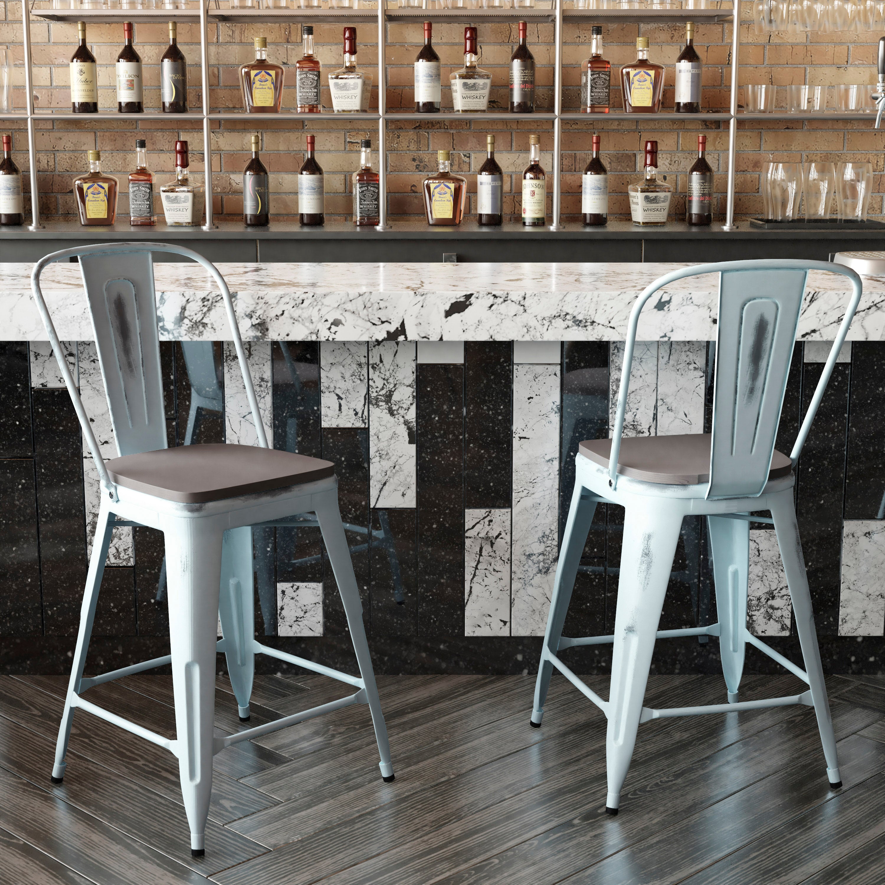 Carly Commercial Grade 24" High Green-Blue Metal Indoor-Outdoor Counter Height Stool with Back with Gray Poly Resin Wood Seat