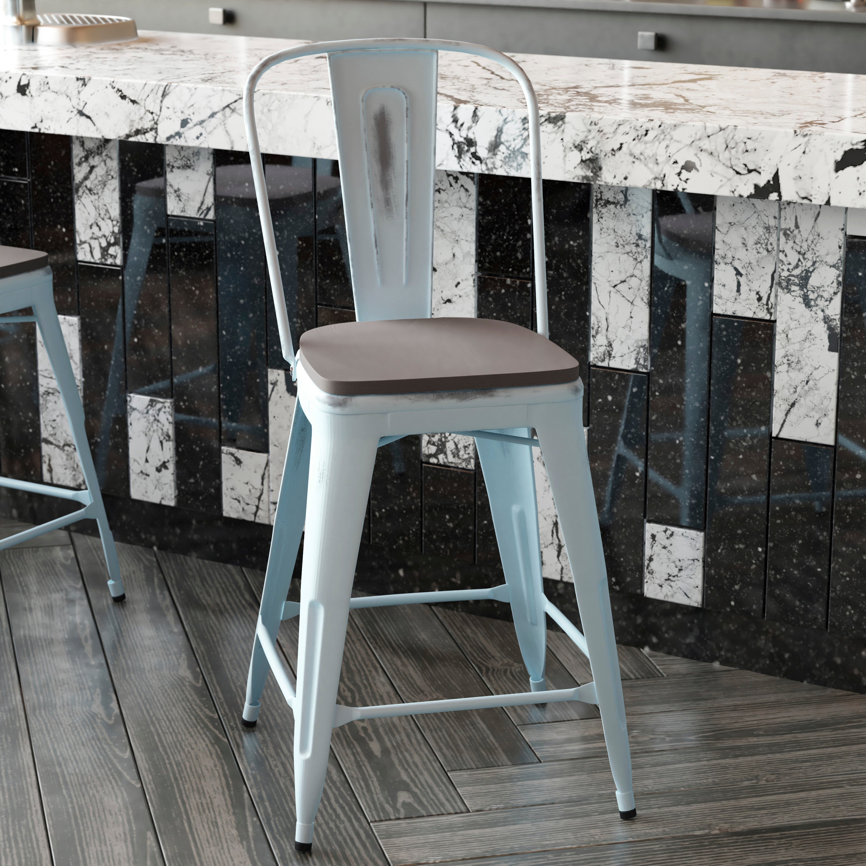 Carly Commercial Grade 24" High Green-Blue Metal Indoor-Outdoor Counter Height Stool with Back with Gray Poly Resin Wood Seat