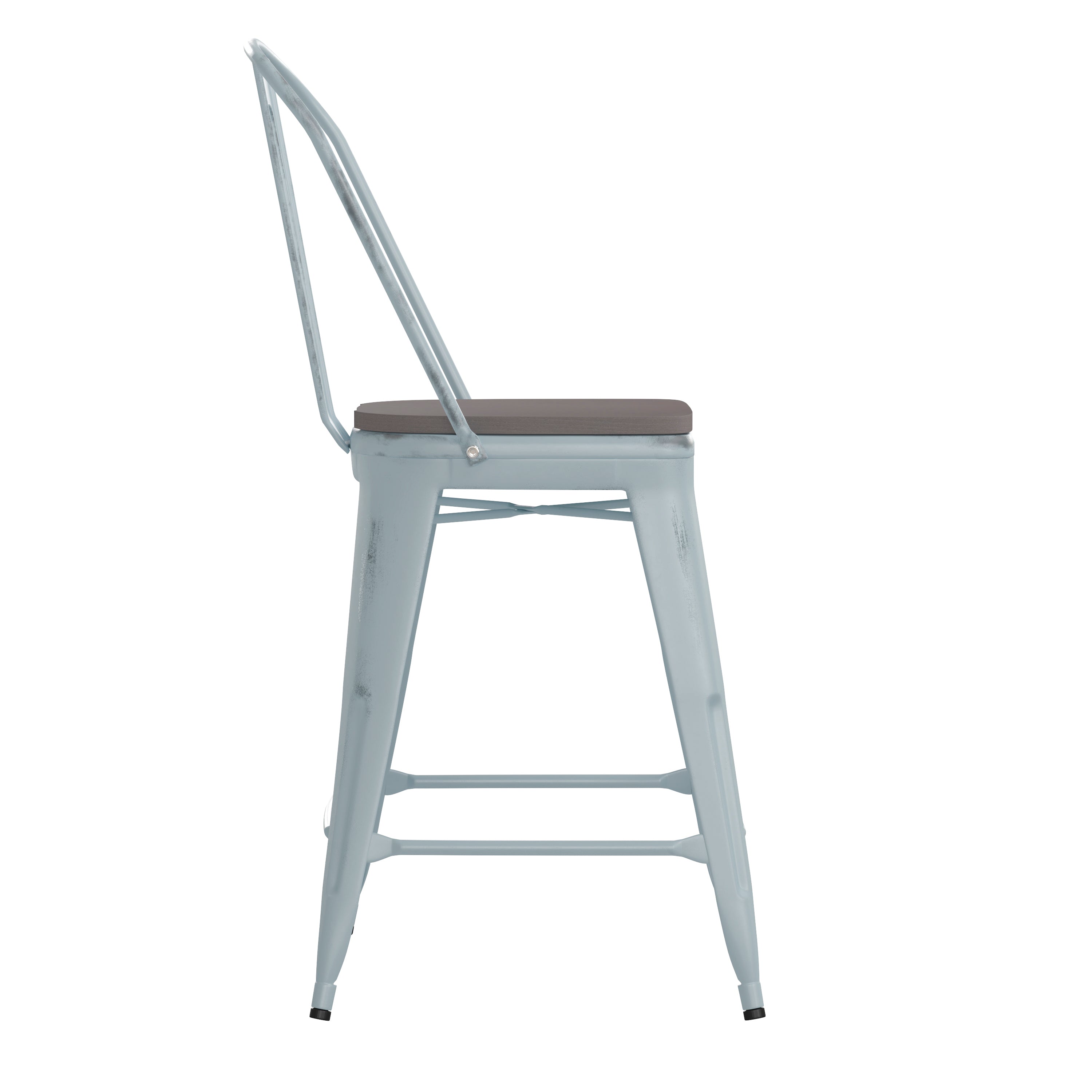 Carly Commercial Grade 24" High Green-Blue Metal Indoor-Outdoor Counter Height Stool with Back with Gray Poly Resin Wood Seat