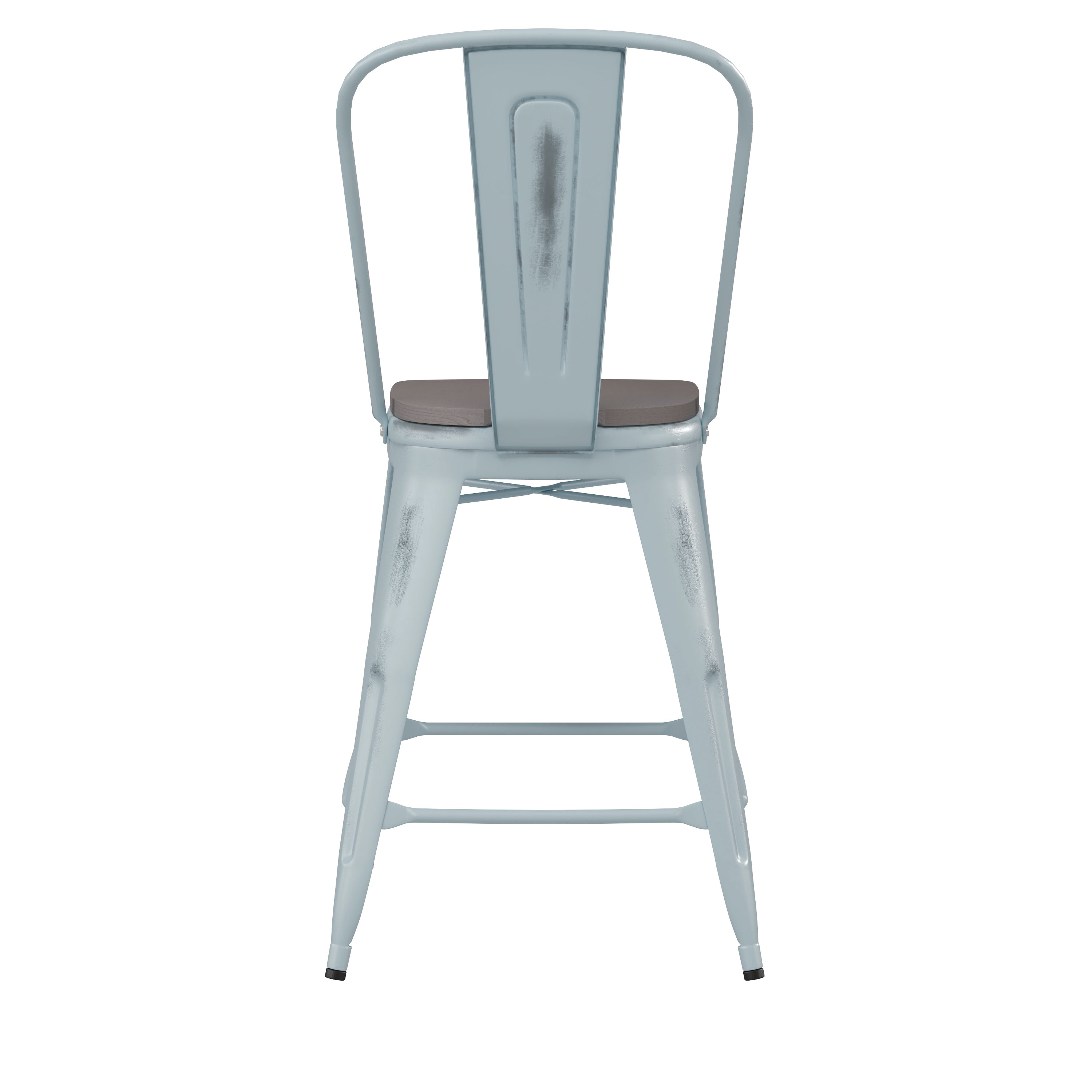 Carly Commercial Grade 24" High Green-Blue Metal Indoor-Outdoor Counter Height Stool with Back with Gray Poly Resin Wood Seat