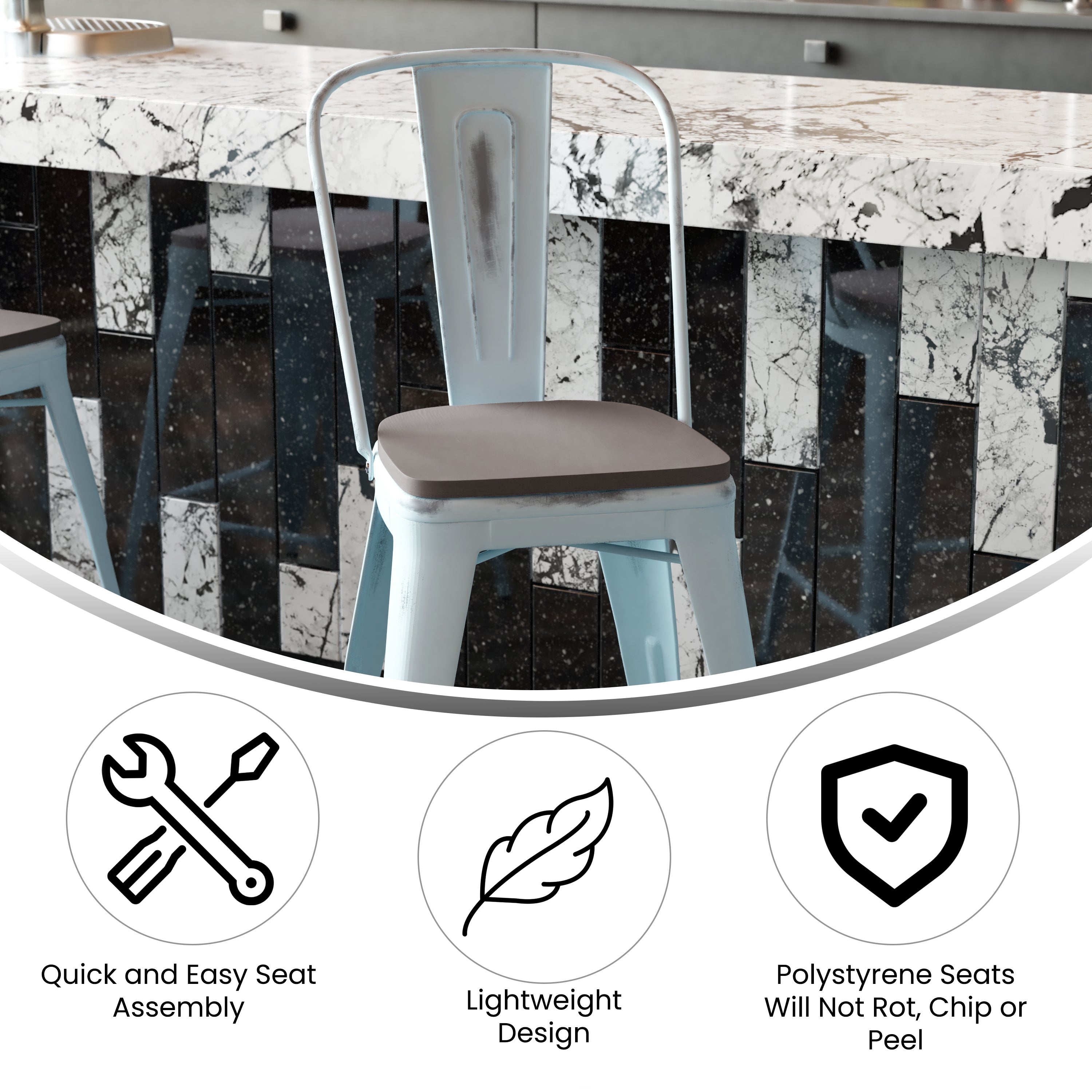 Carly Commercial Grade 24" High Green-Blue Metal Indoor-Outdoor Counter Height Stool with Back with Gray Poly Resin Wood Seat