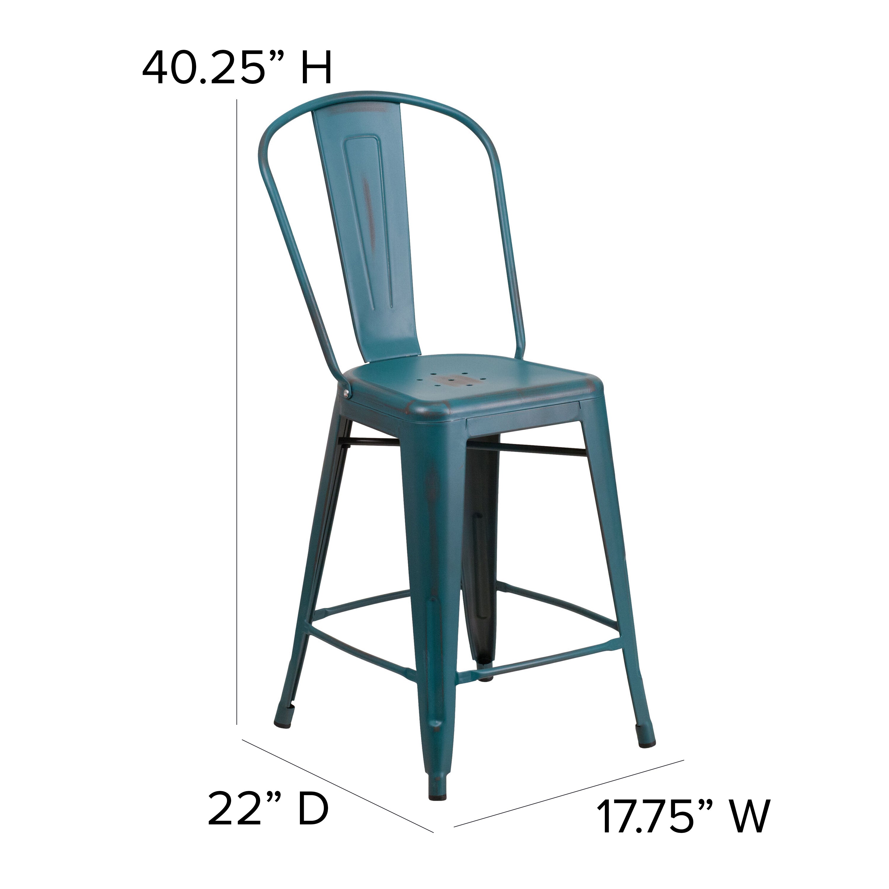 Carly Commercial Grade 24" High Distressed Kelly Blue-Teal Metal Indoor-Outdoor Counter Height Stool with Back