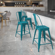 Carly Commercial Grade 24" High Distressed Kelly Blue-Teal Metal Indoor-Outdoor Counter Height Stool with Back