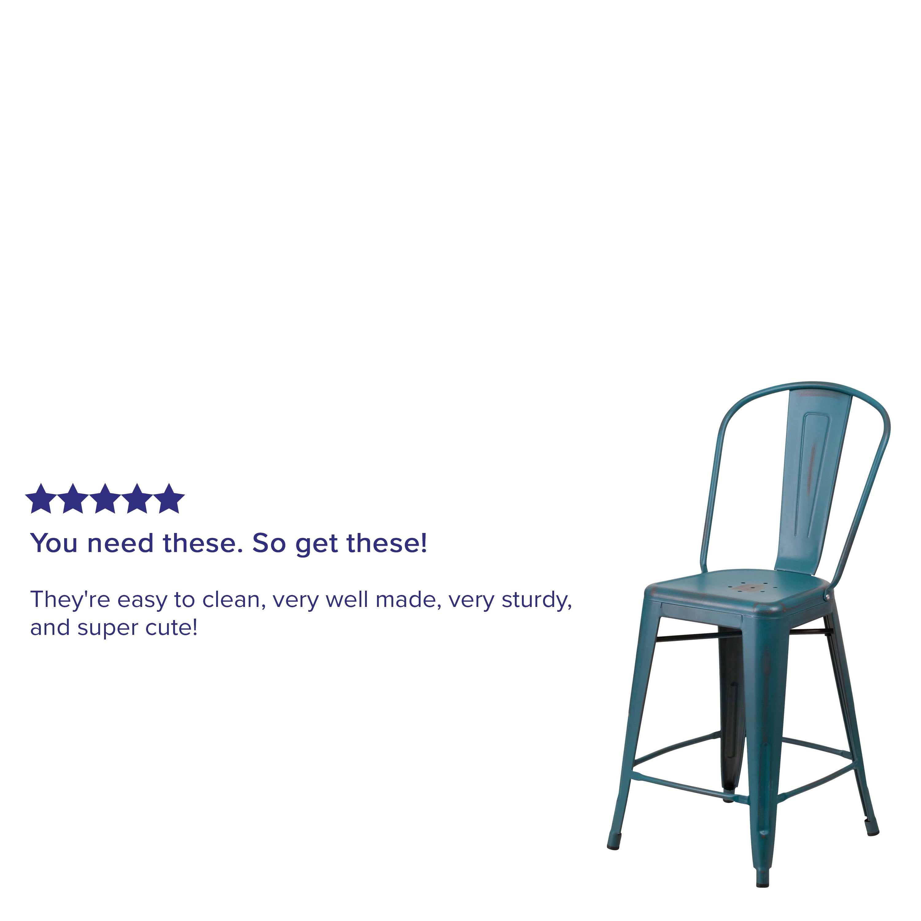 Carly Commercial Grade 24" High Distressed Kelly Blue-Teal Metal Indoor-Outdoor Counter Height Stool with Back