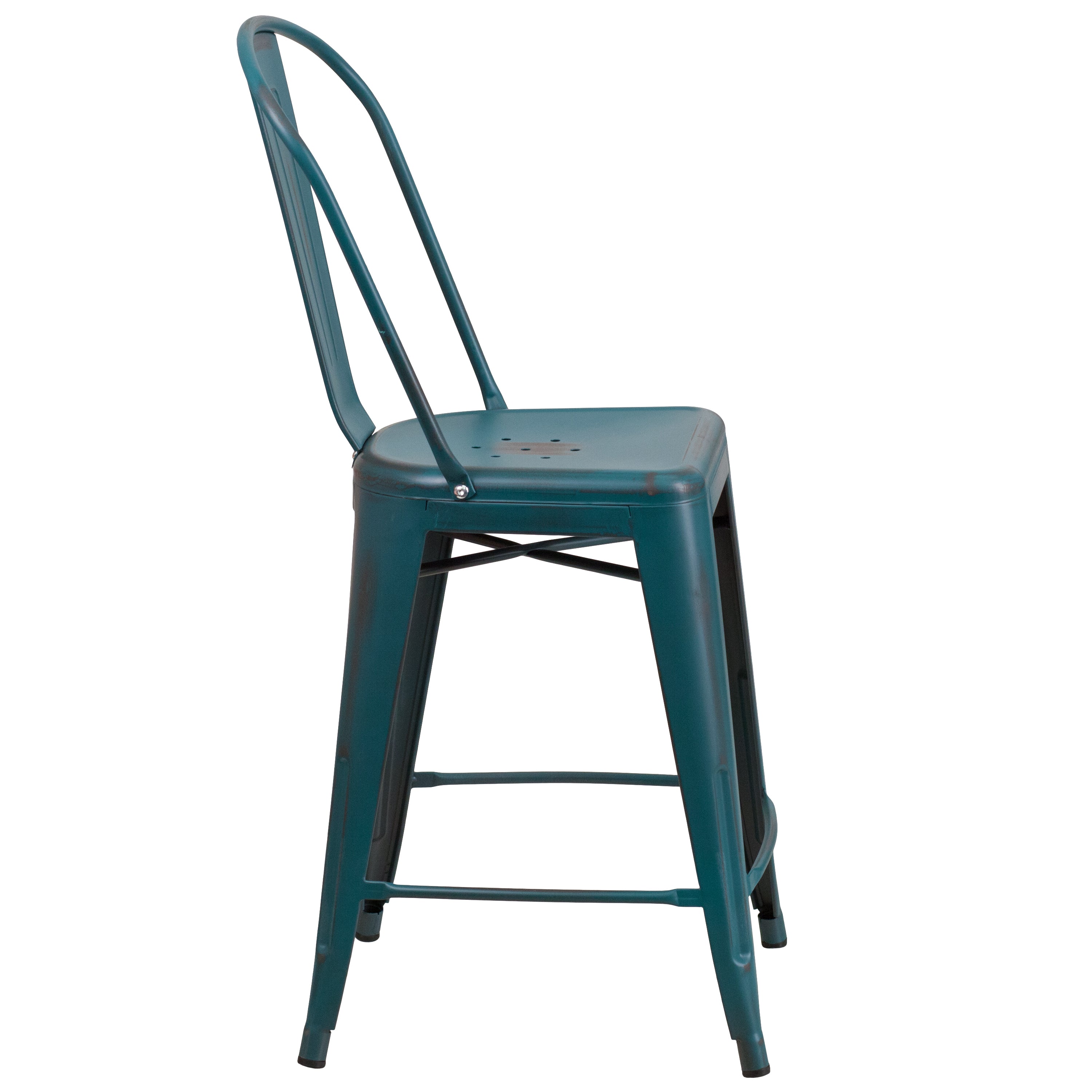 Carly Commercial Grade 24" High Distressed Kelly Blue-Teal Metal Indoor-Outdoor Counter Height Stool with Back