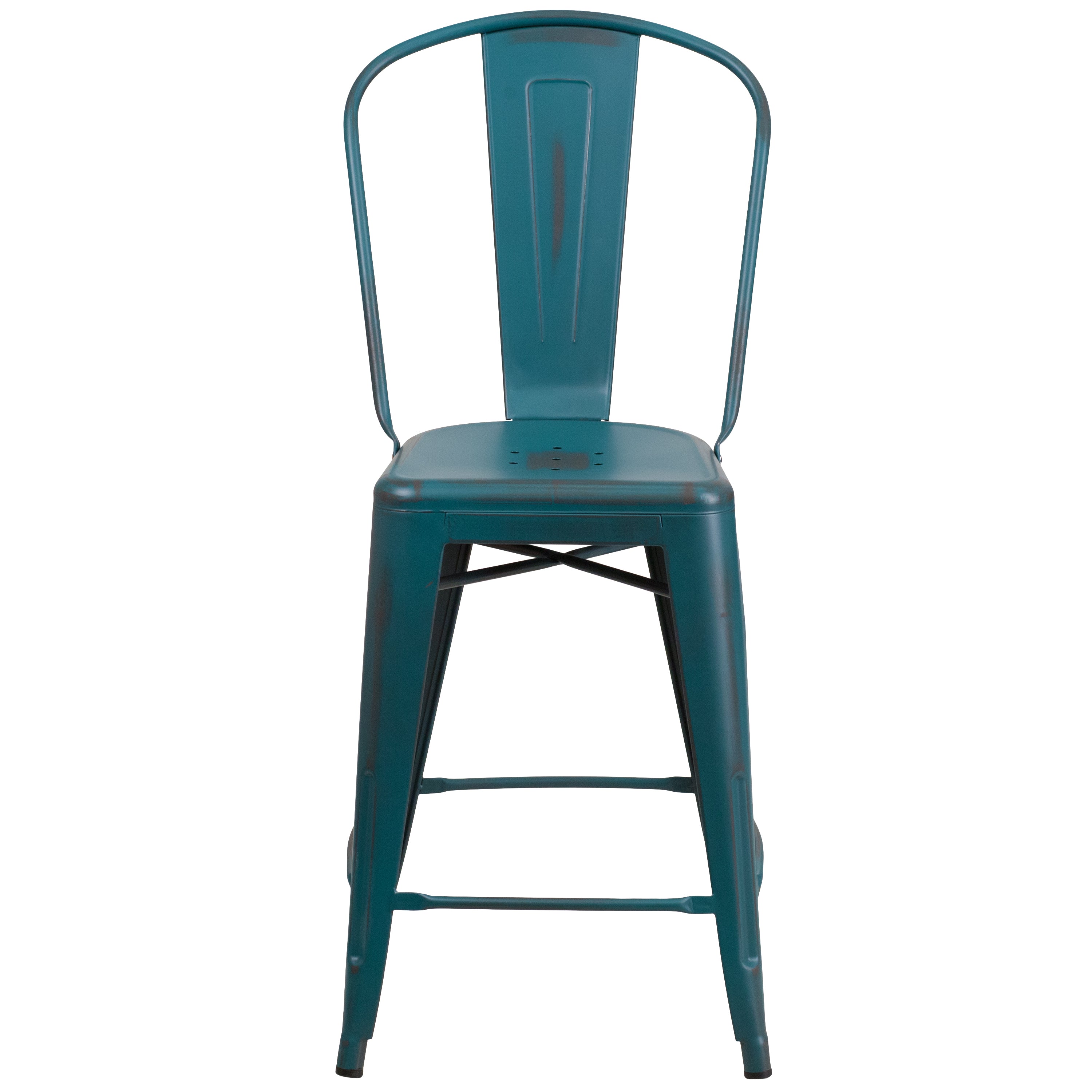 Carly Commercial Grade 24" High Distressed Kelly Blue-Teal Metal Indoor-Outdoor Counter Height Stool with Back