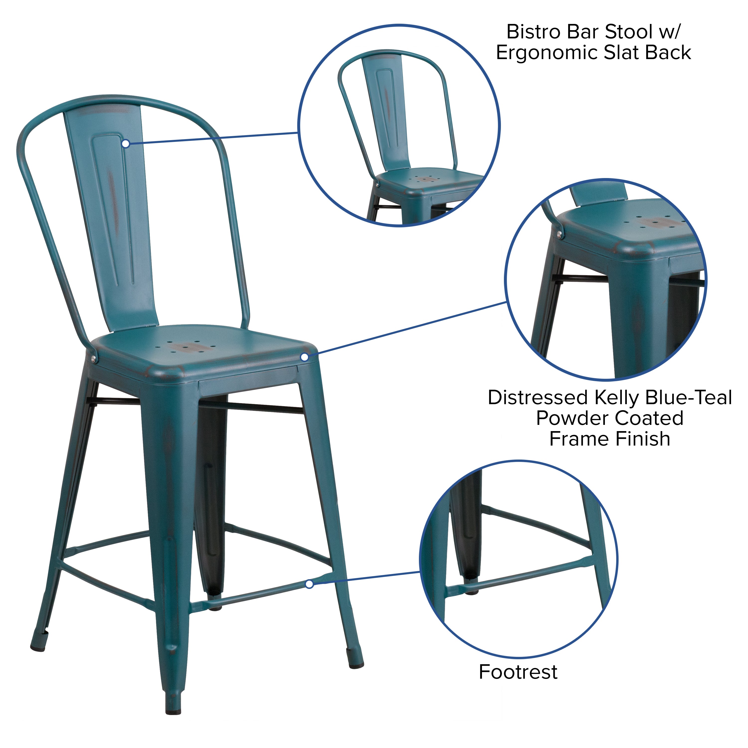 Carly Commercial Grade 24" High Distressed Kelly Blue-Teal Metal Indoor-Outdoor Counter Height Stool with Back