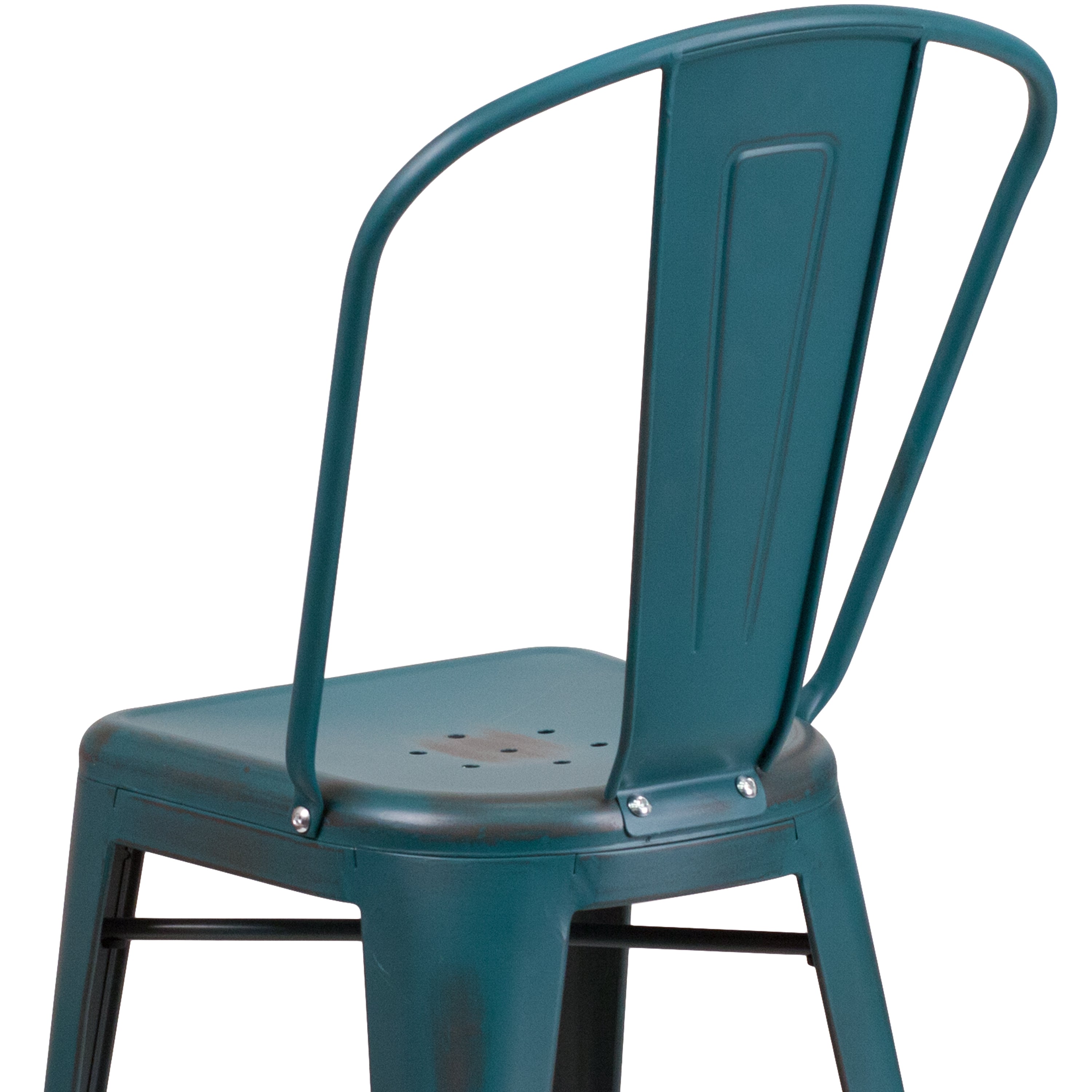Carly Commercial Grade 24" High Distressed Kelly Blue-Teal Metal Indoor-Outdoor Counter Height Stool with Back