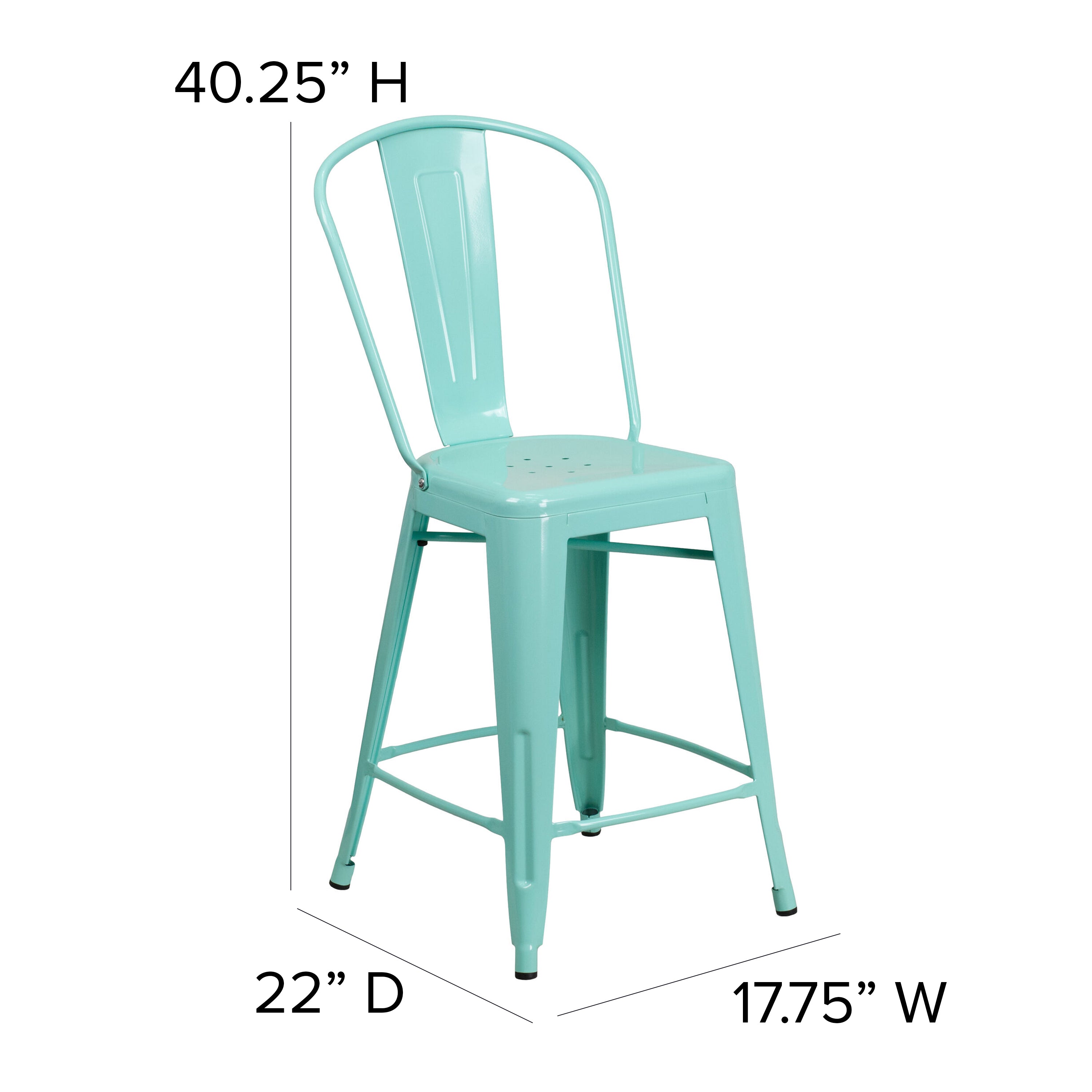 Carly Commercial Grade 24" High Mint Green Metal Indoor-Outdoor Counter Height Stool with Back