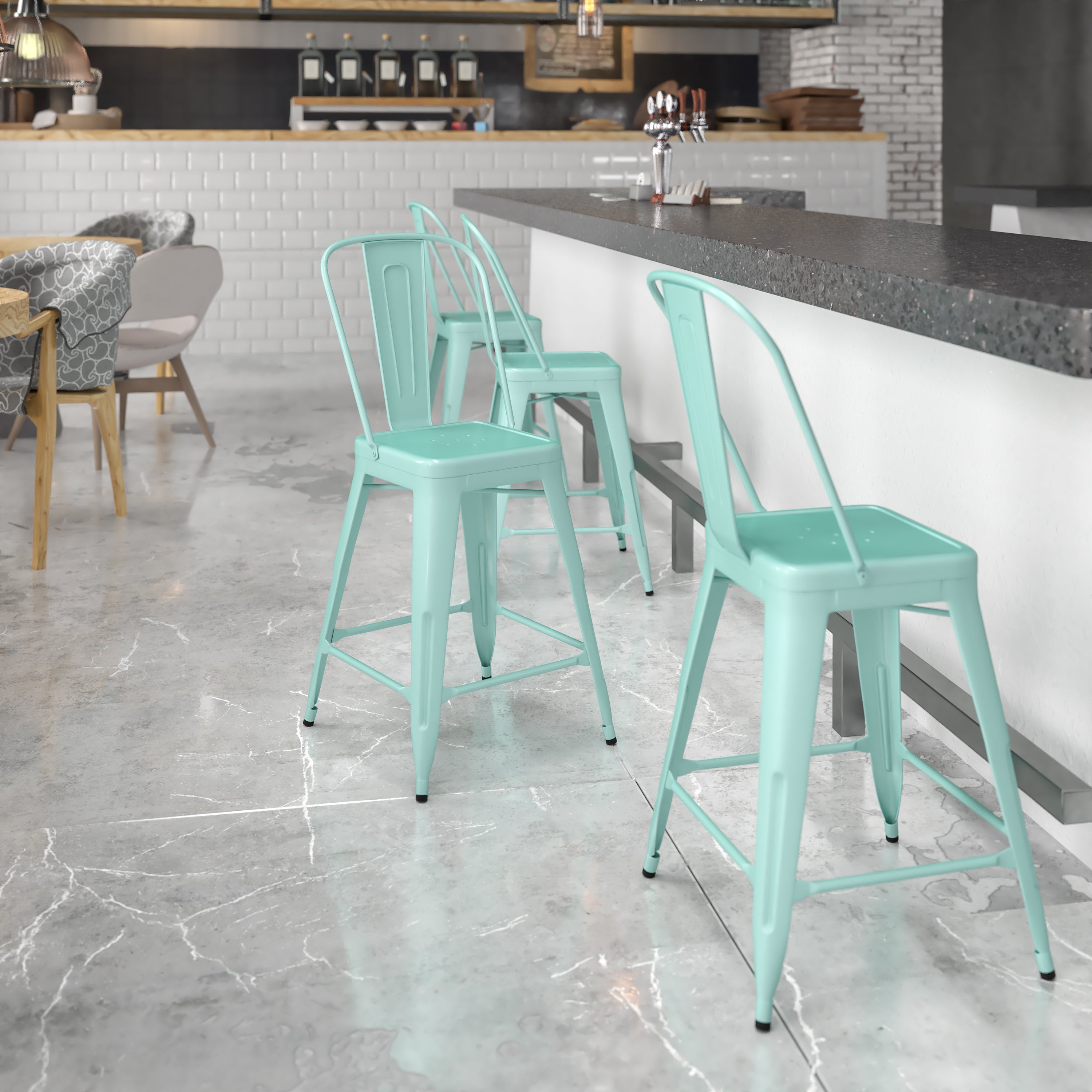 Carly Commercial Grade 24" High Mint Green Metal Indoor-Outdoor Counter Height Stool with Back