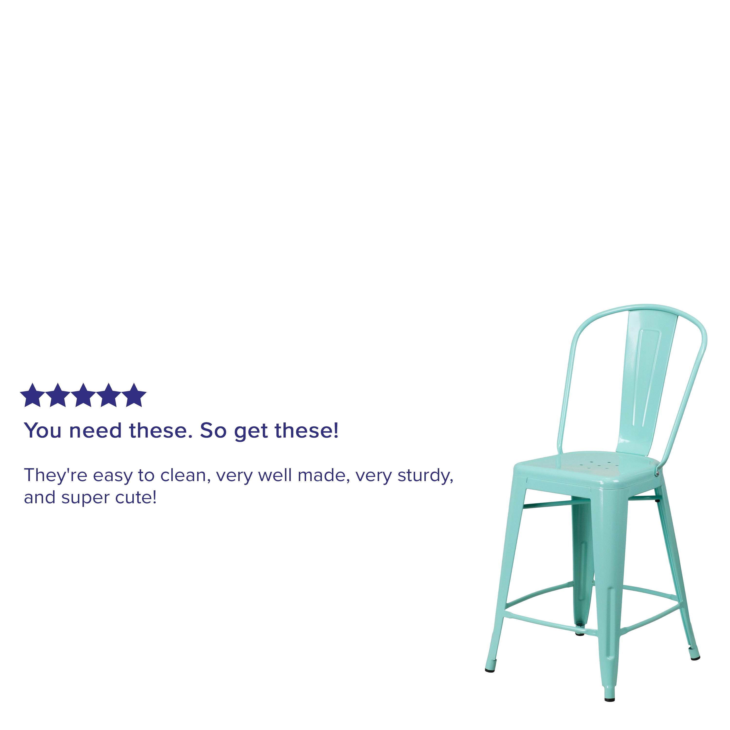 Carly Commercial Grade 24" High Mint Green Metal Indoor-Outdoor Counter Height Stool with Back