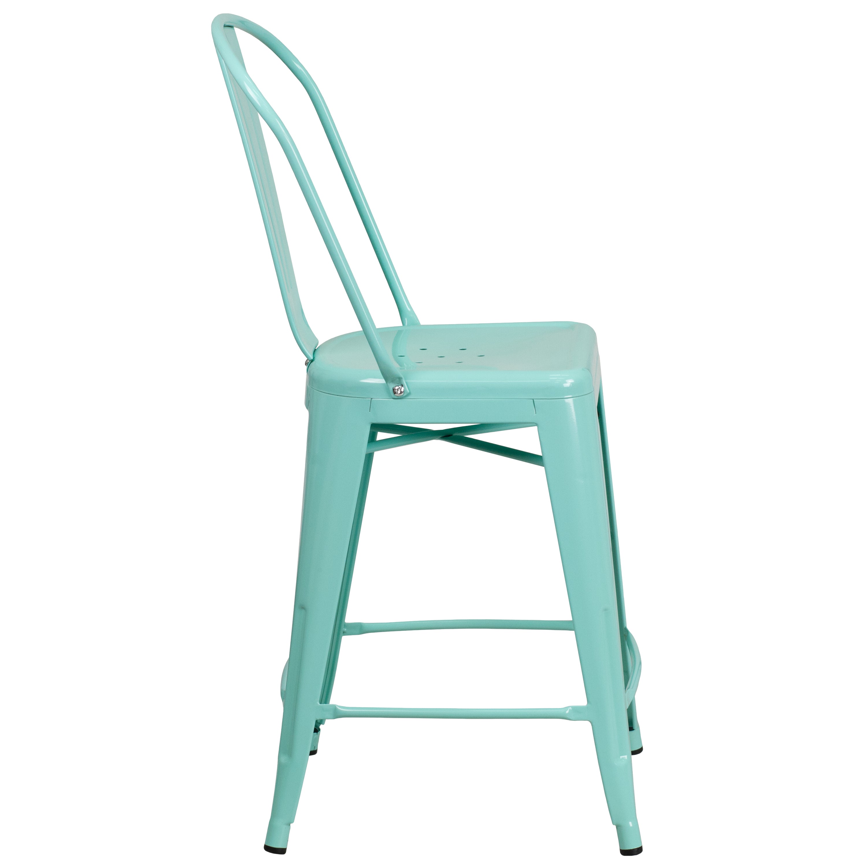 Carly Commercial Grade 24" High Mint Green Metal Indoor-Outdoor Counter Height Stool with Back