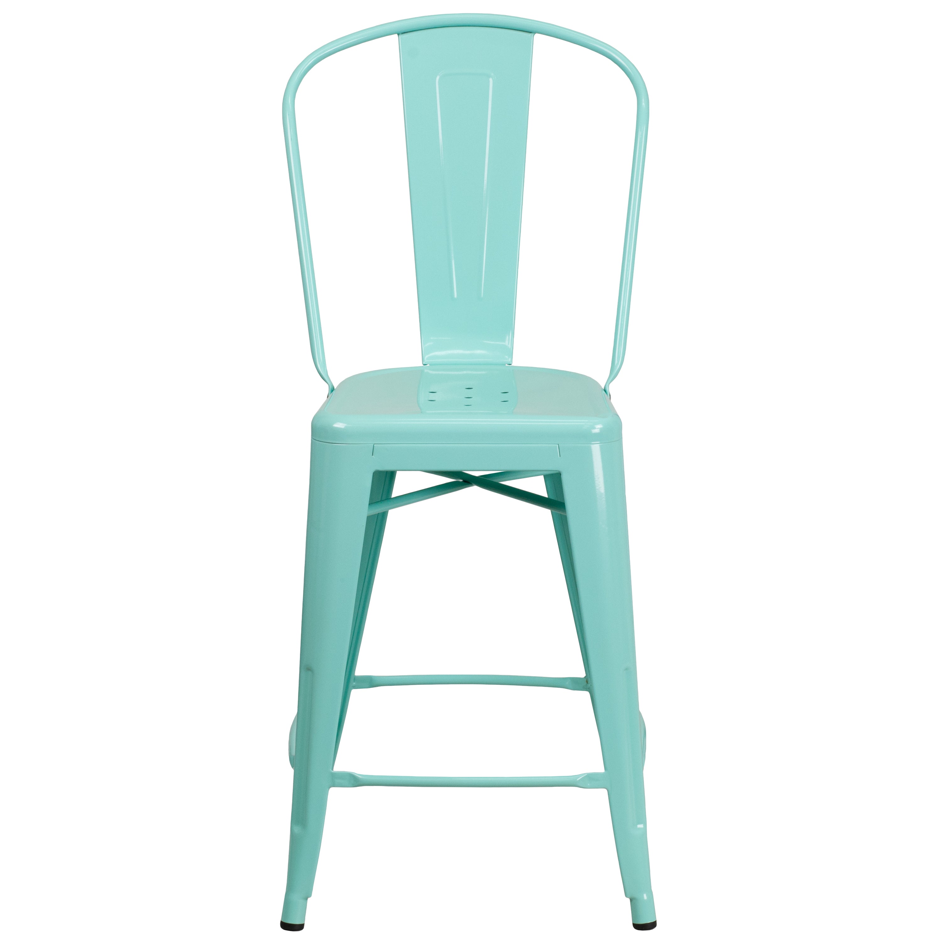 Carly Commercial Grade 24" High Mint Green Metal Indoor-Outdoor Counter Height Stool with Back