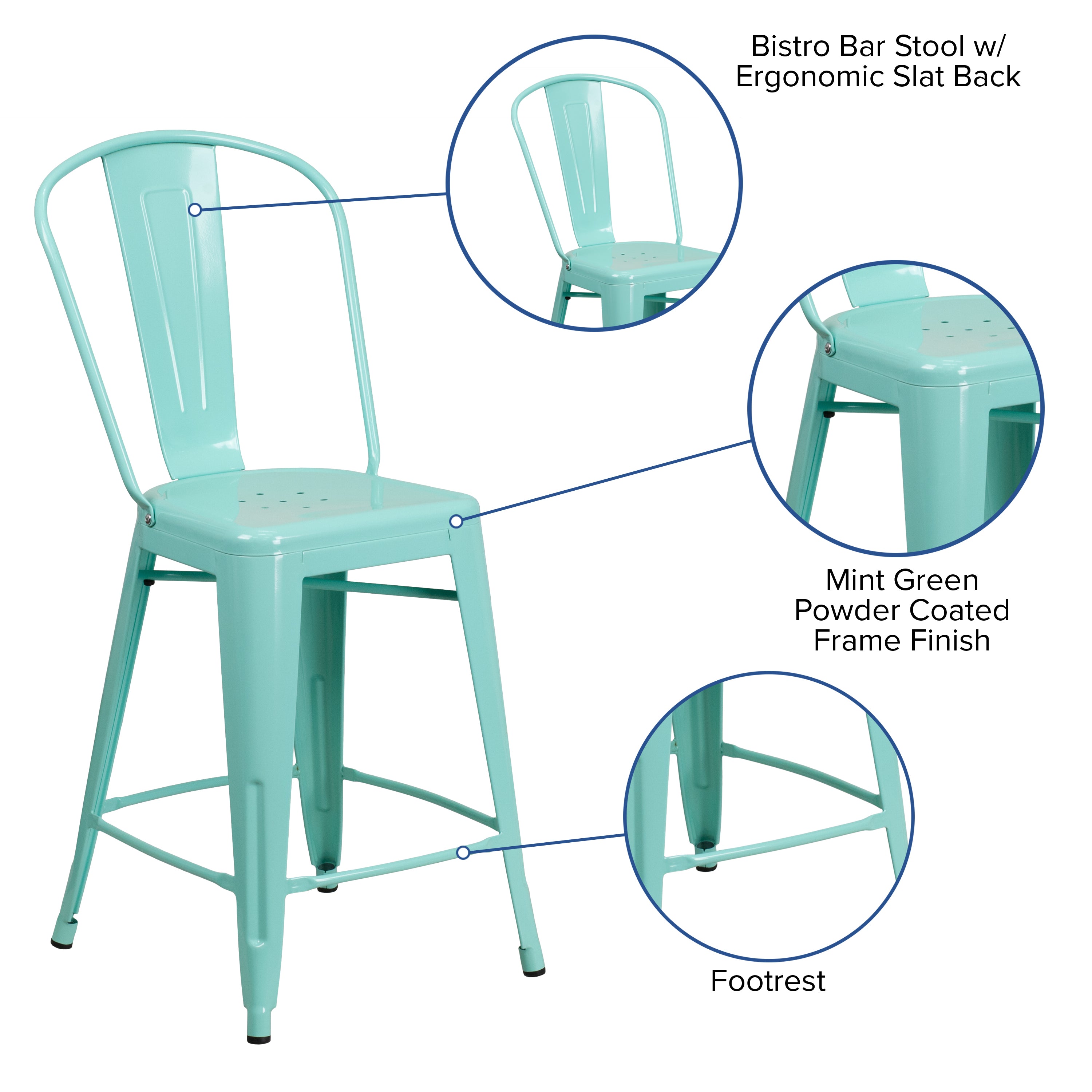 Carly Commercial Grade 24" High Mint Green Metal Indoor-Outdoor Counter Height Stool with Back