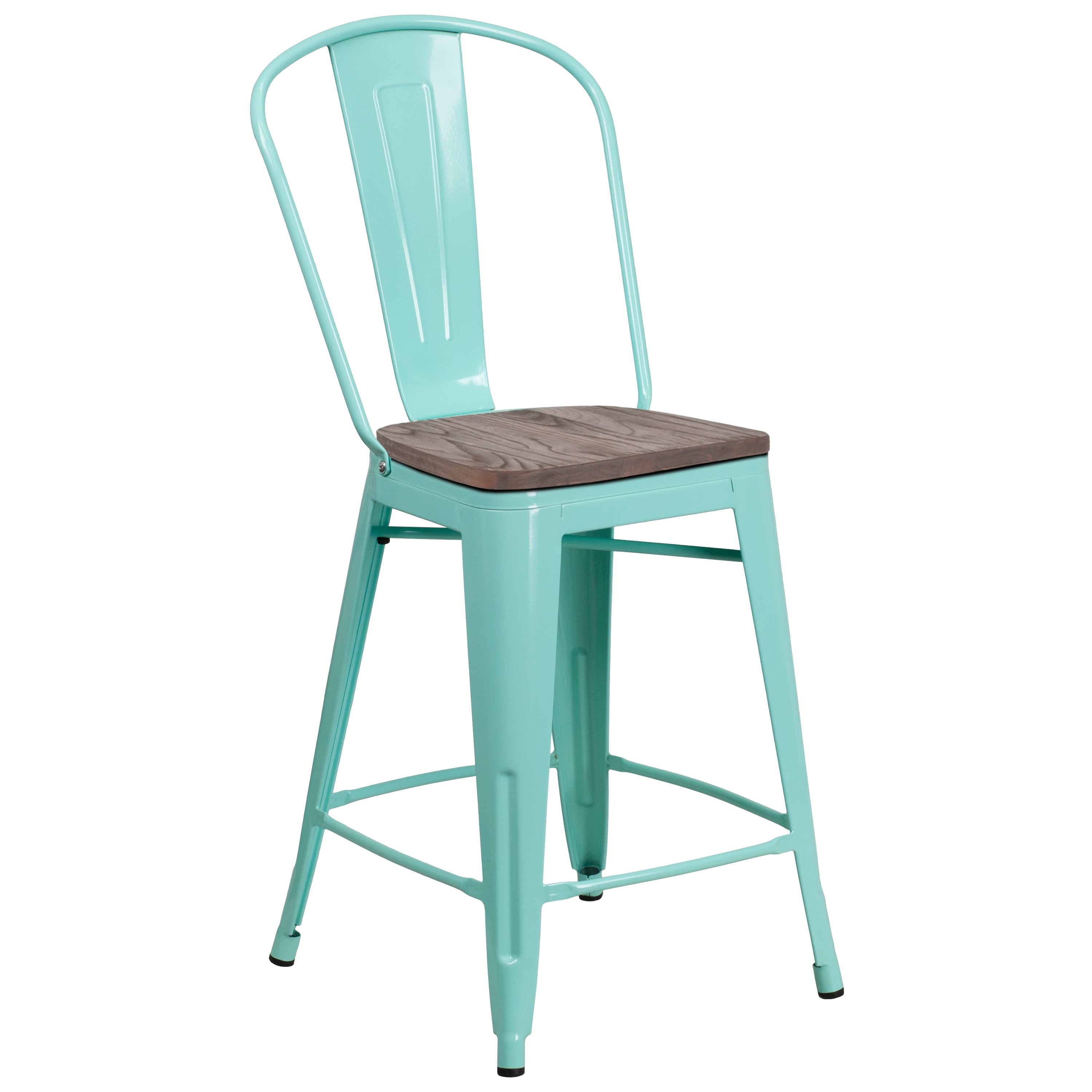 Carly 24" High Mint Green Metal Counter Height Stool with Back and Wood Seat