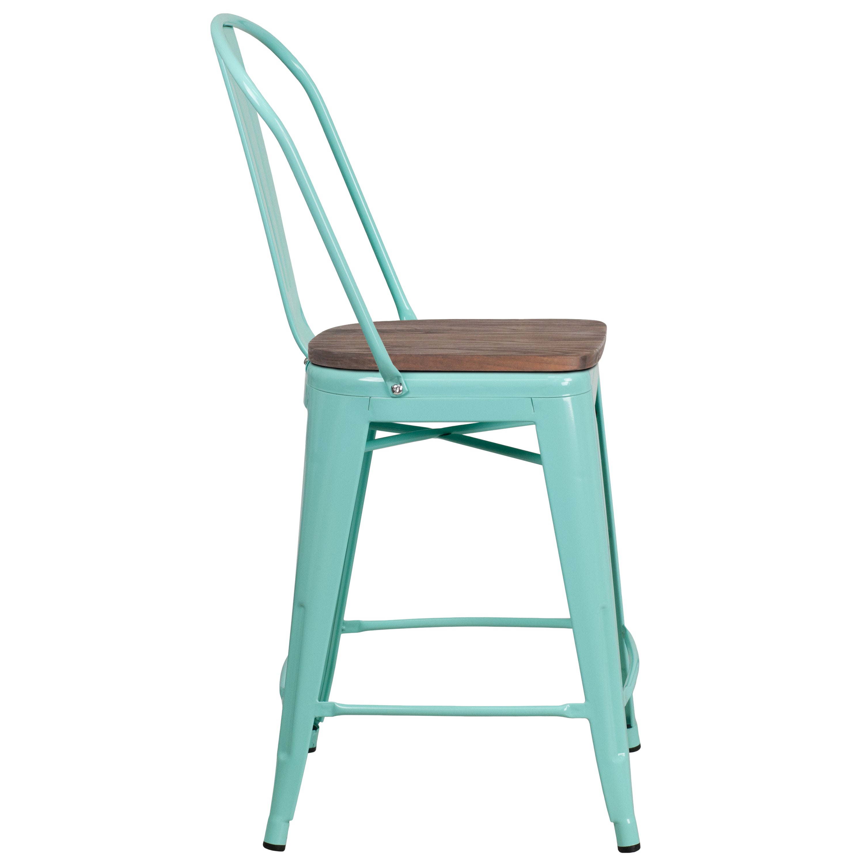 Carly 24" High Mint Green Metal Counter Height Stool with Back and Wood Seat