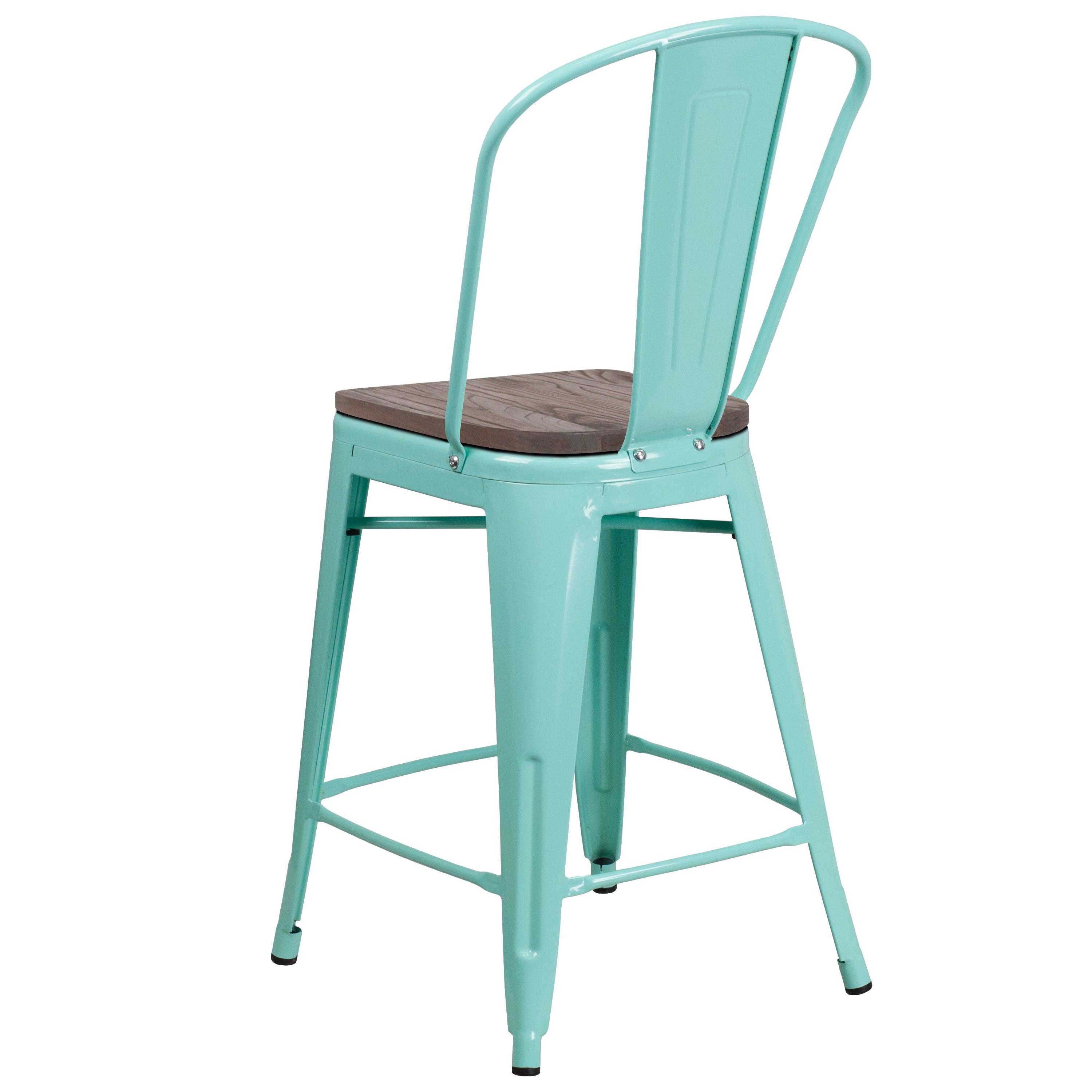 Carly 24" High Mint Green Metal Counter Height Stool with Back and Wood Seat