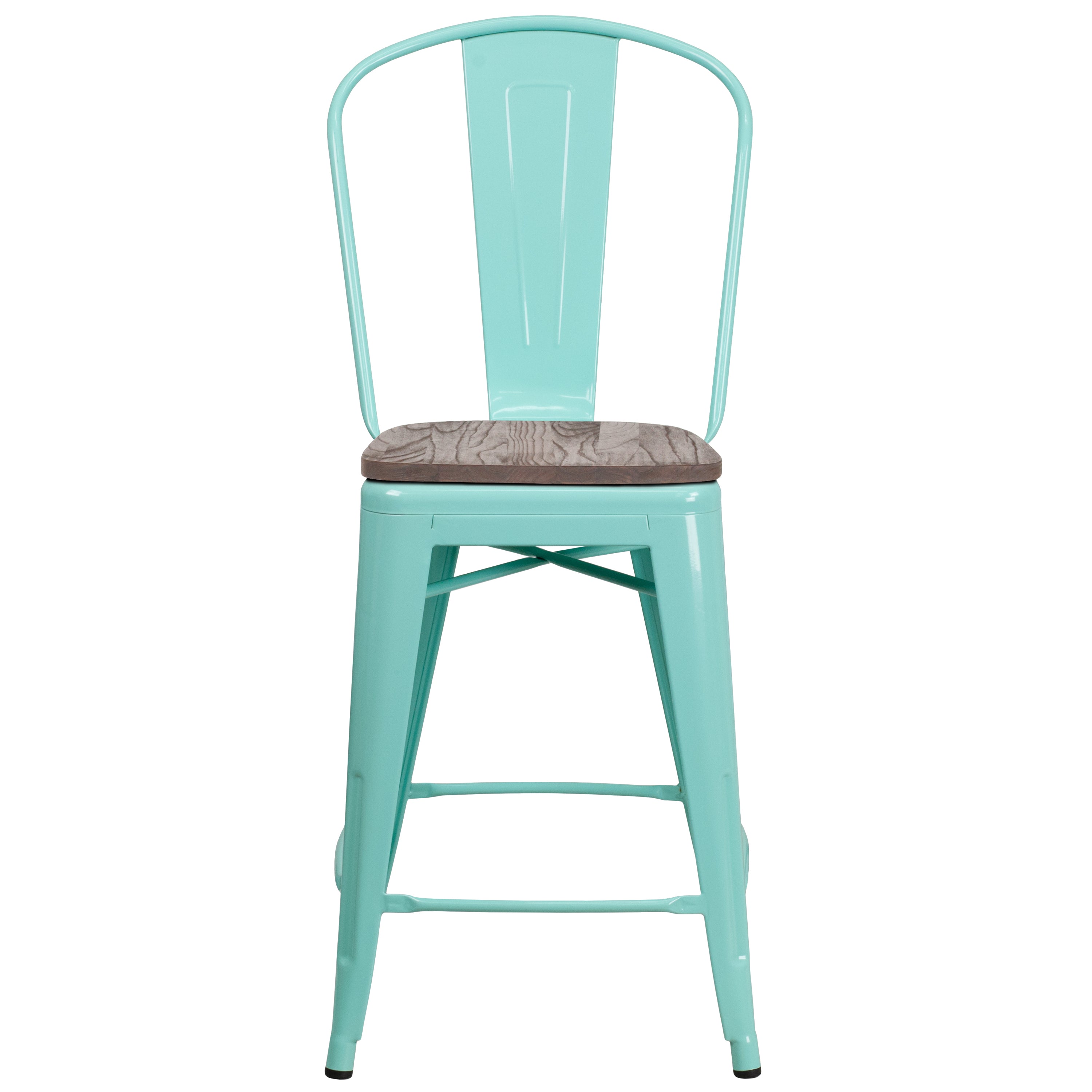 Carly 24" High Mint Green Metal Counter Height Stool with Back and Wood Seat