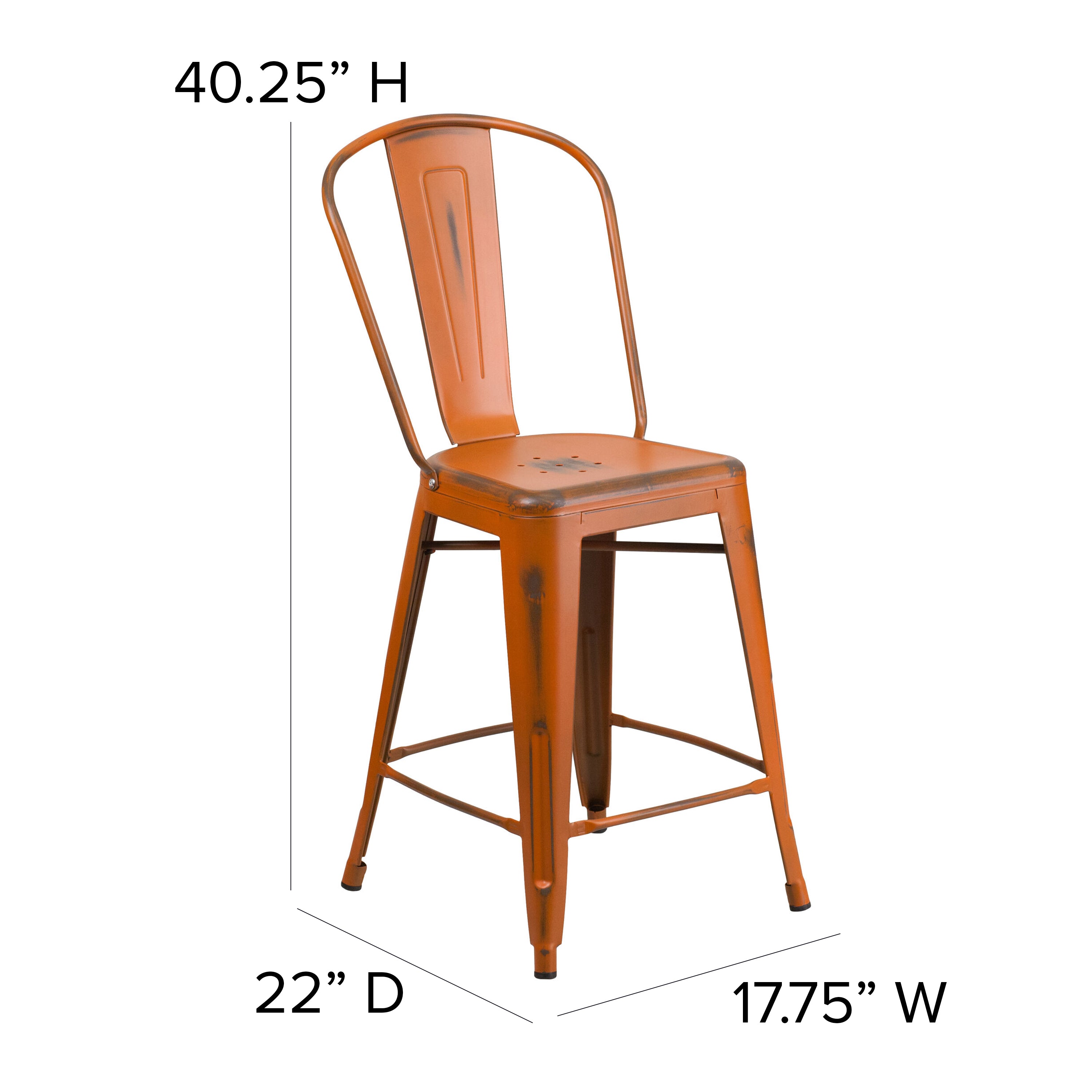 Carly Commercial Grade 24" High Distressed Orange Metal Indoor-Outdoor Counter Height Stool with Back