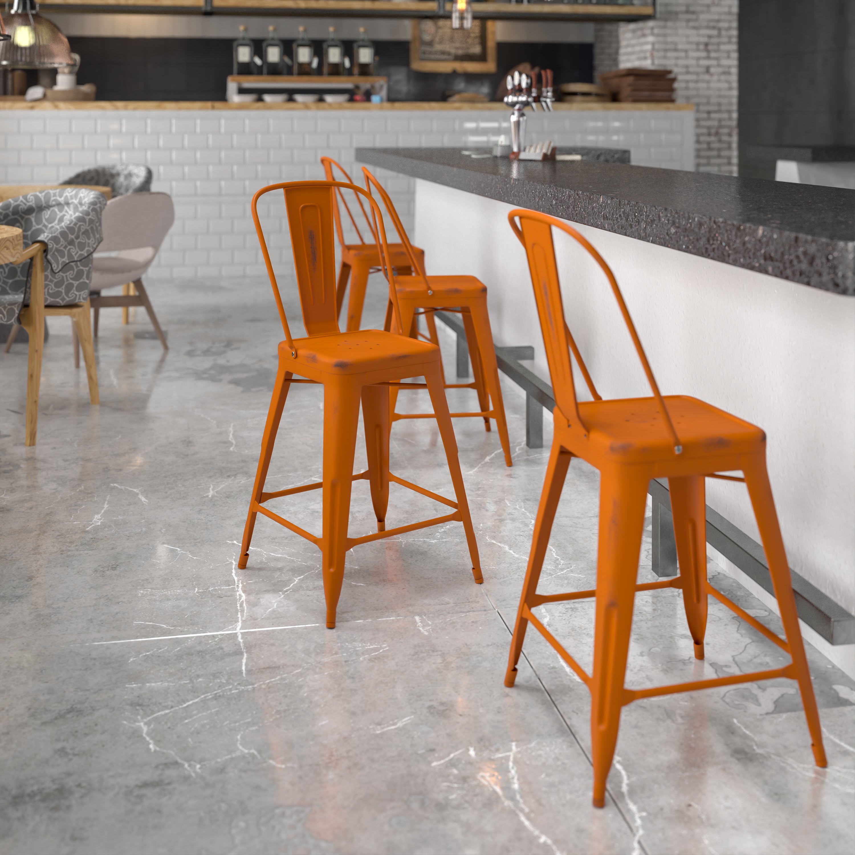 Carly Commercial Grade 24" High Distressed Orange Metal Indoor-Outdoor Counter Height Stool with Back