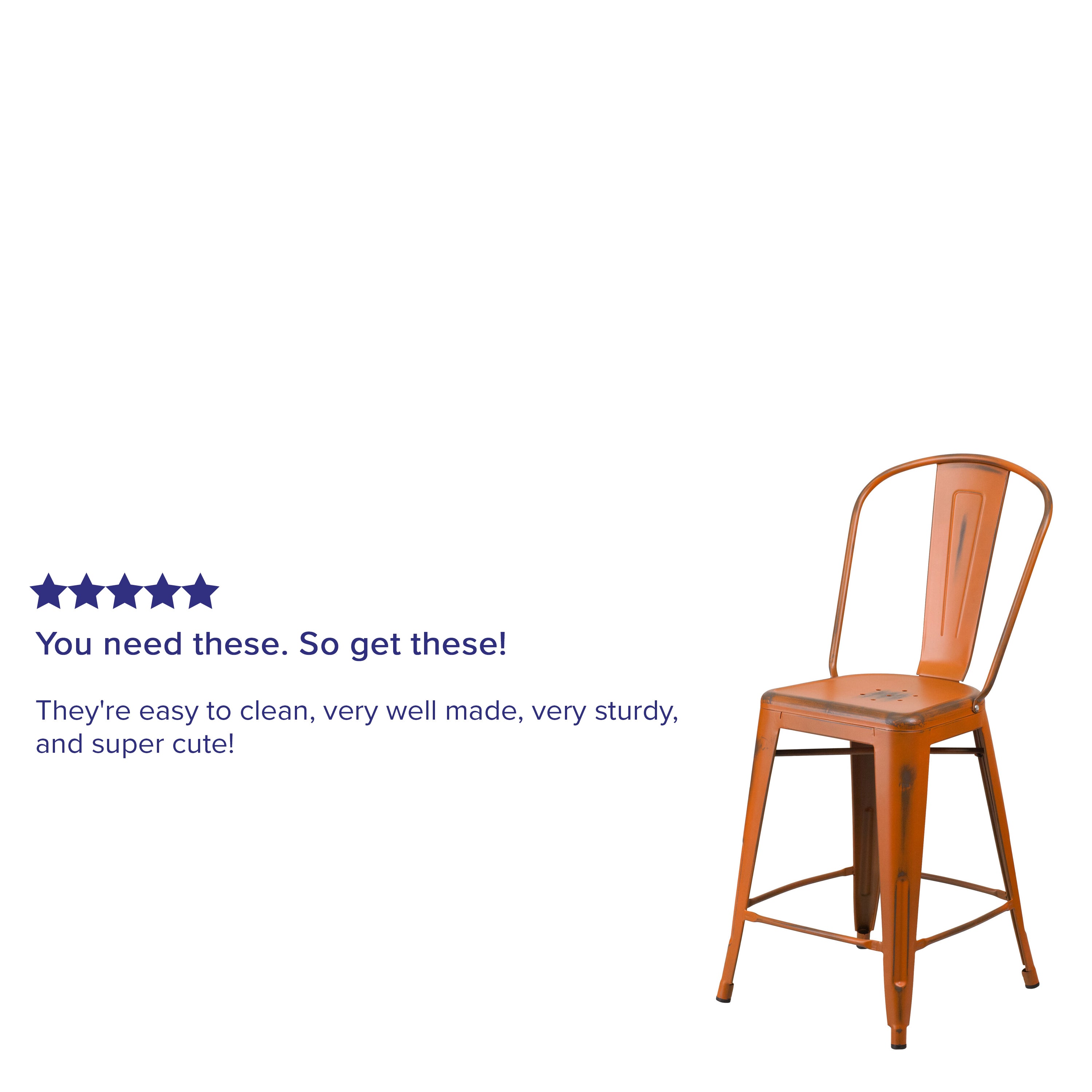 Carly Commercial Grade 24" High Distressed Orange Metal Indoor-Outdoor Counter Height Stool with Back