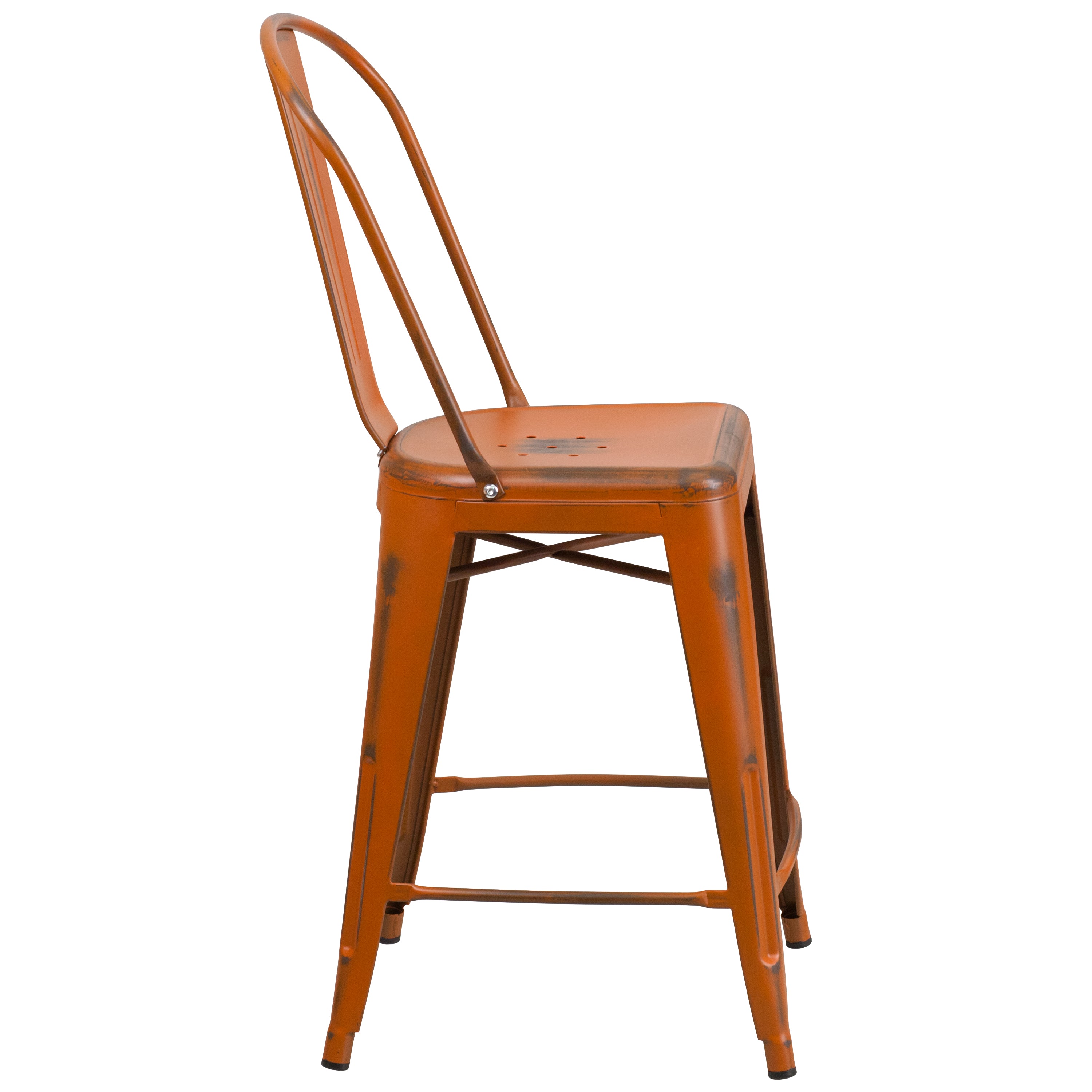 Carly Commercial Grade 24" High Distressed Orange Metal Indoor-Outdoor Counter Height Stool with Back