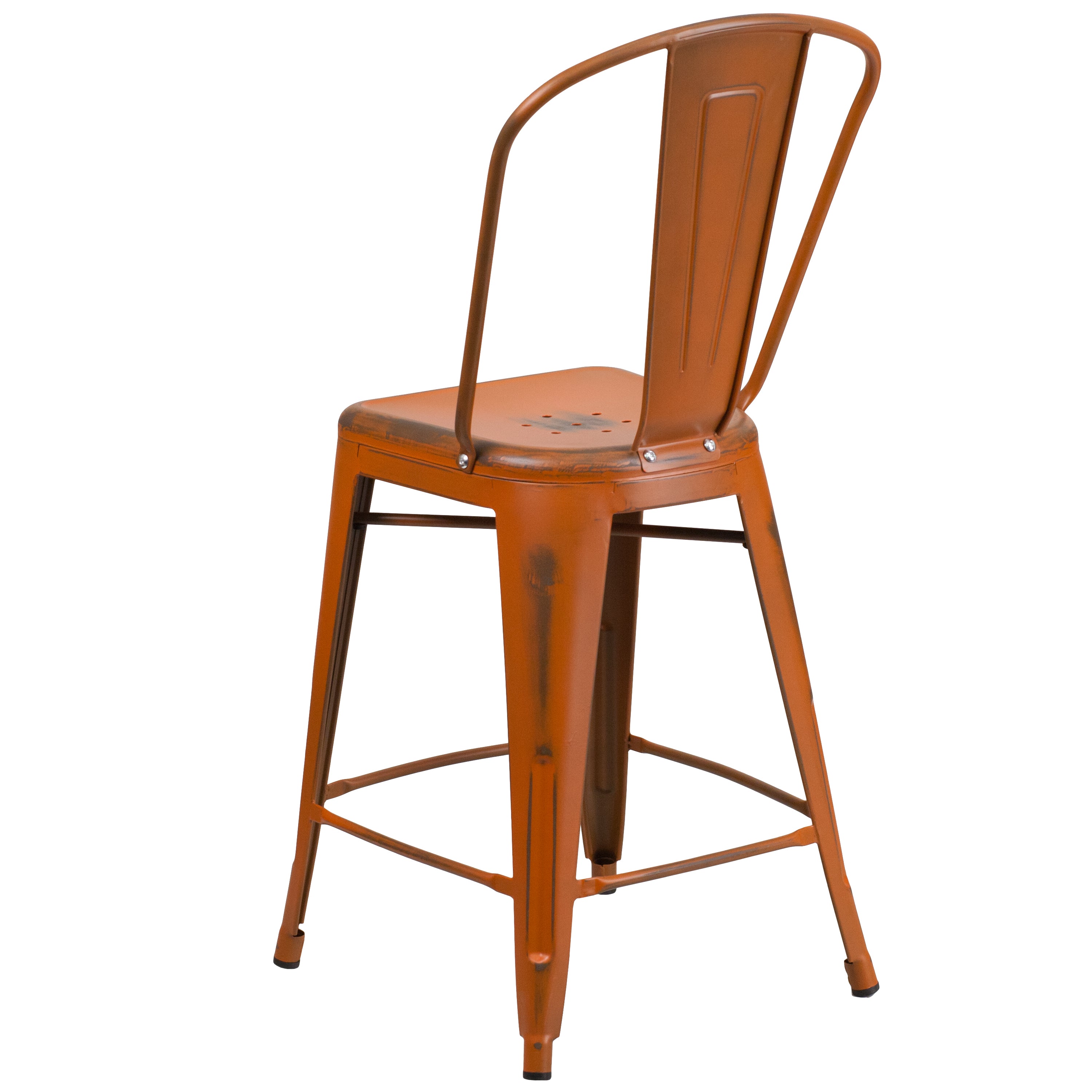 Carly Commercial Grade 24" High Distressed Orange Metal Indoor-Outdoor Counter Height Stool with Back