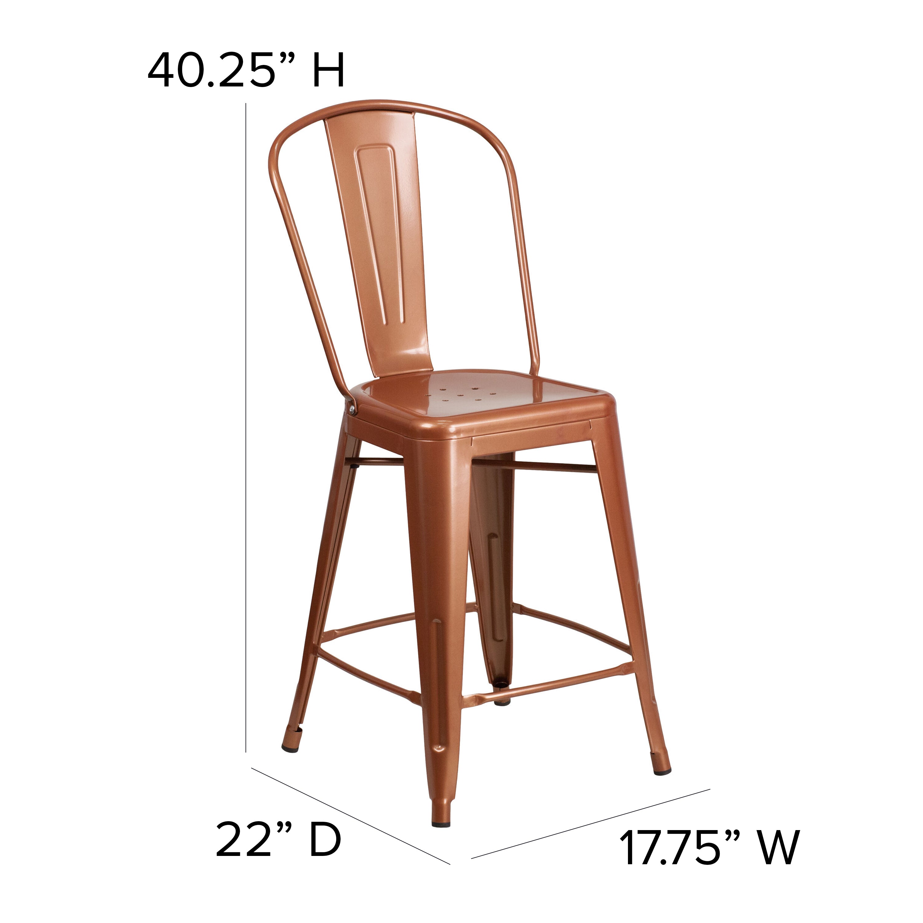 Carly Commercial Grade 24" High Copper Metal Indoor-Outdoor Counter Height Stool with Back