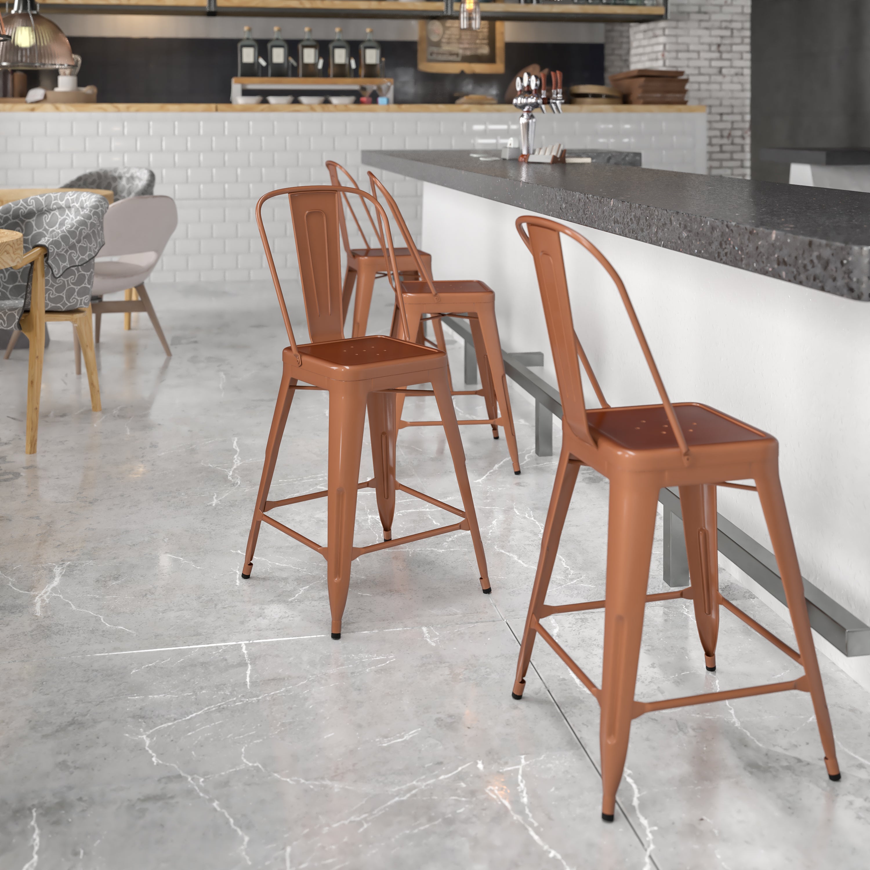 Carly Commercial Grade 24" High Copper Metal Indoor-Outdoor Counter Height Stool with Back