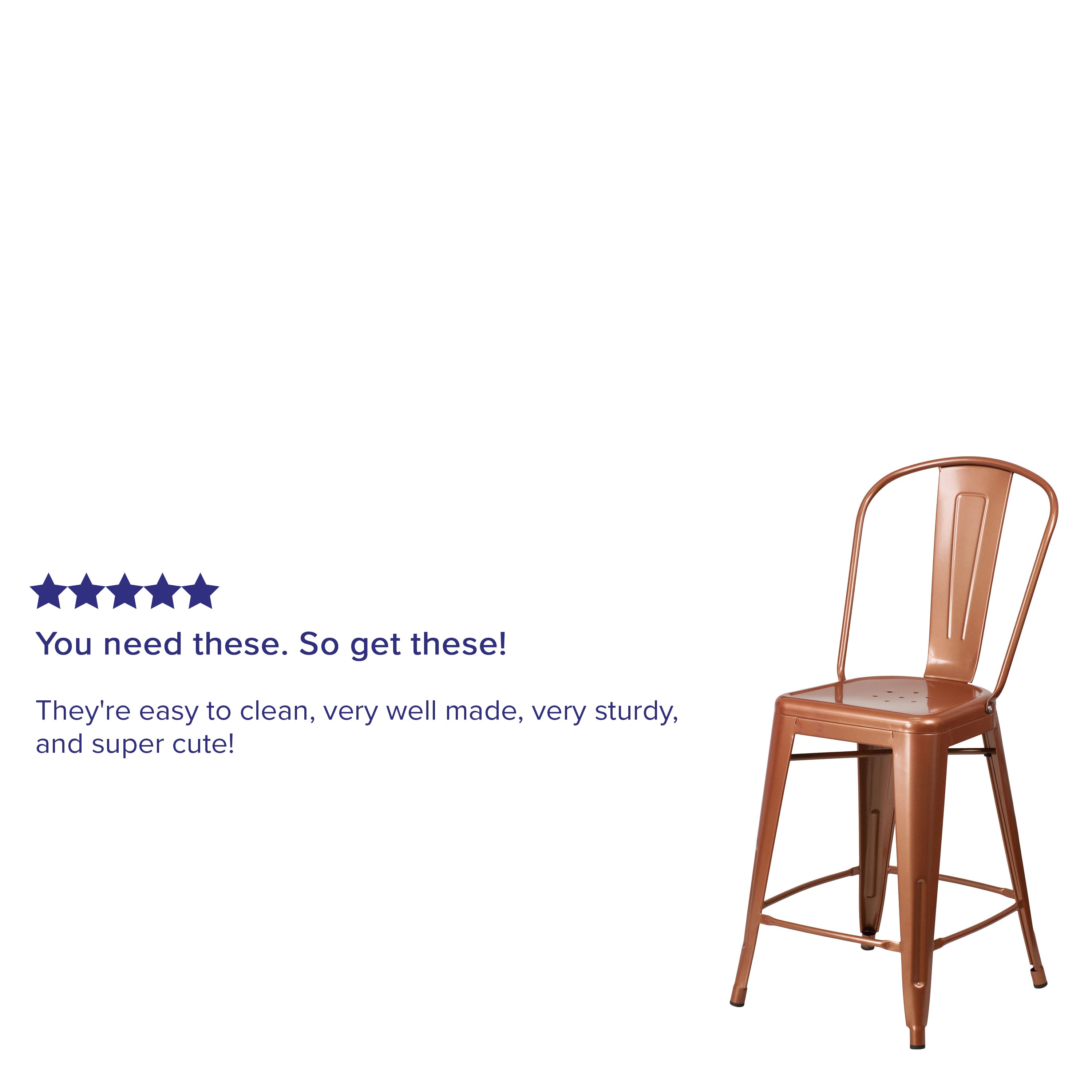 Carly Commercial Grade 24" High Copper Metal Indoor-Outdoor Counter Height Stool with Back