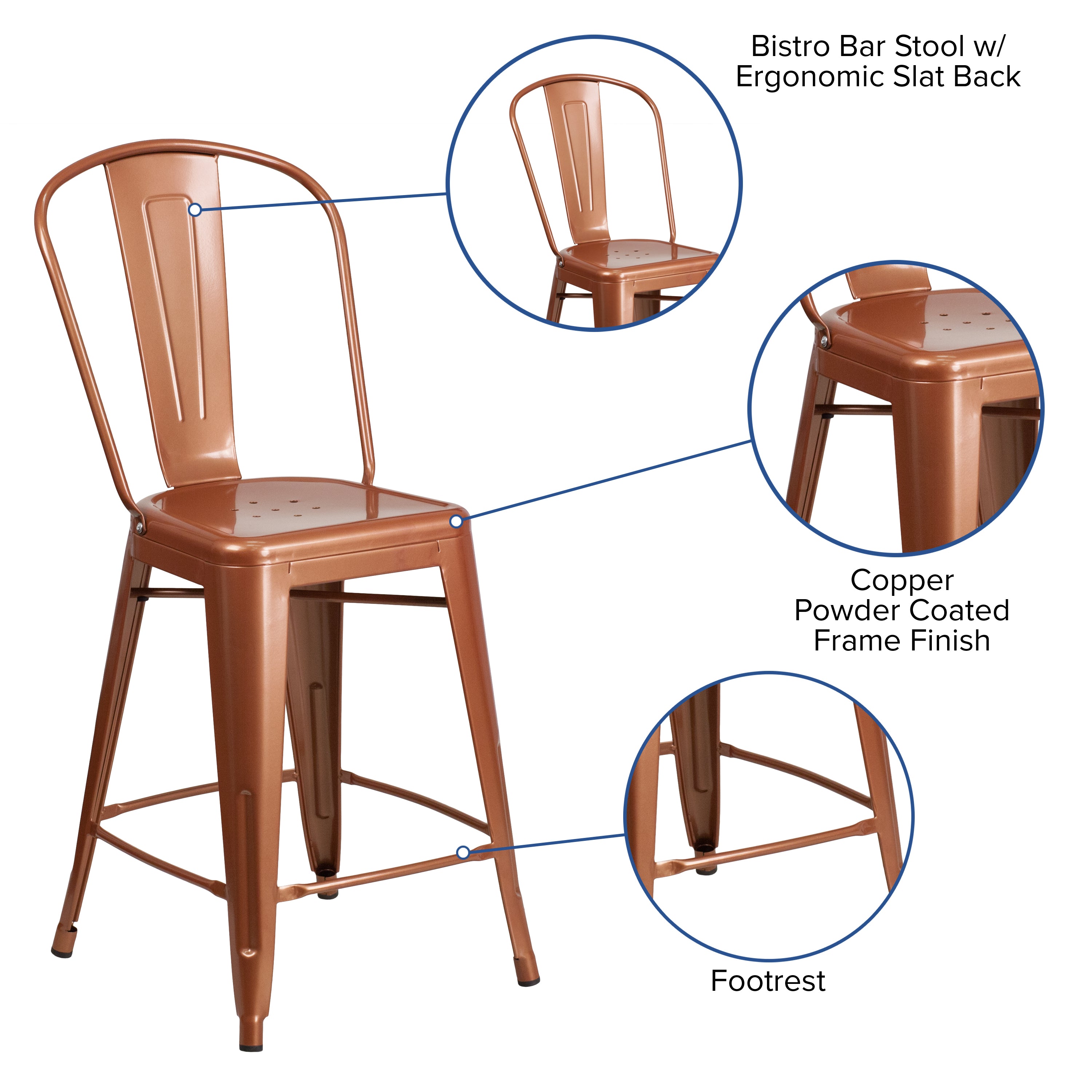 Carly Commercial Grade 24" High Copper Metal Indoor-Outdoor Counter Height Stool with Back