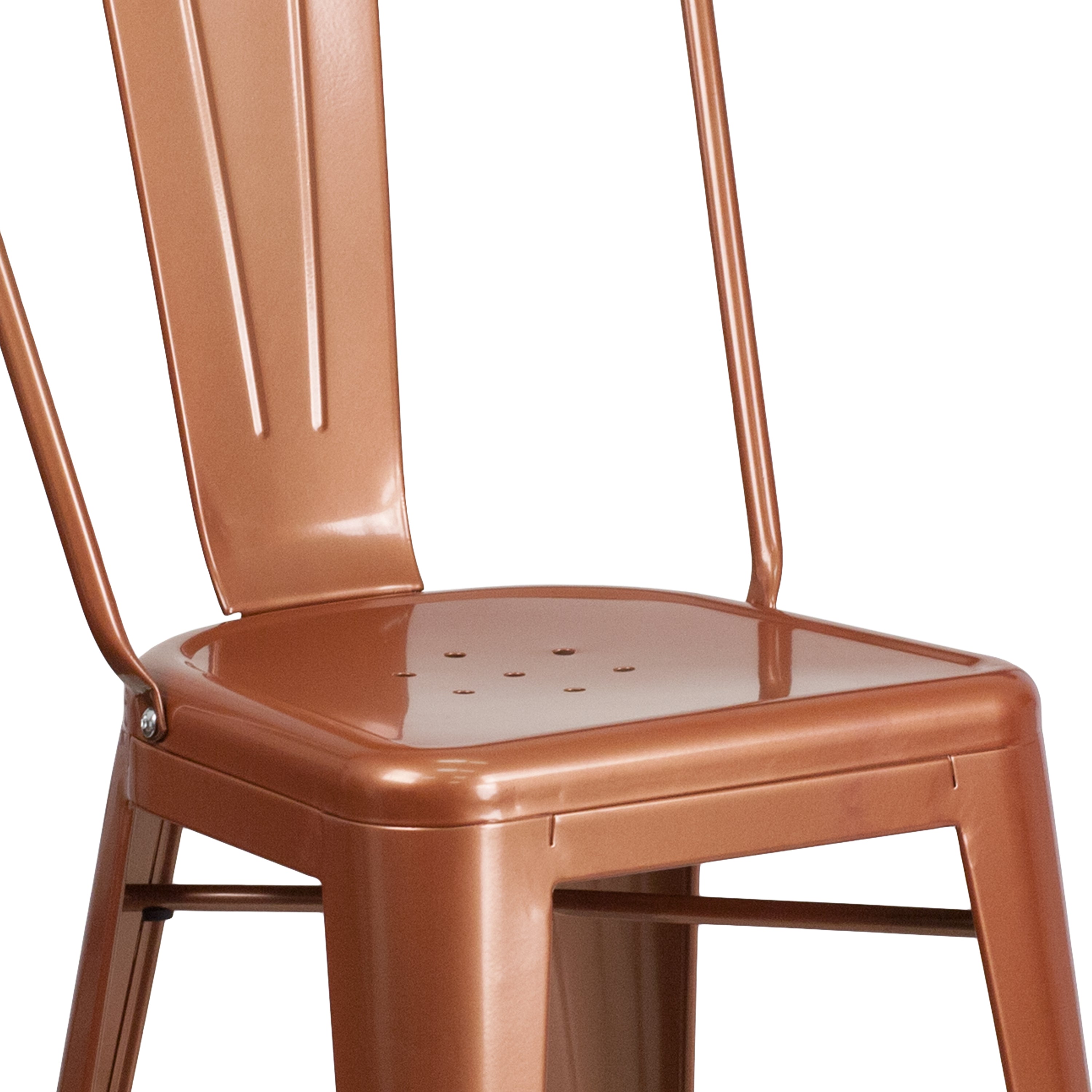 Carly Commercial Grade 24" High Copper Metal Indoor-Outdoor Counter Height Stool with Back