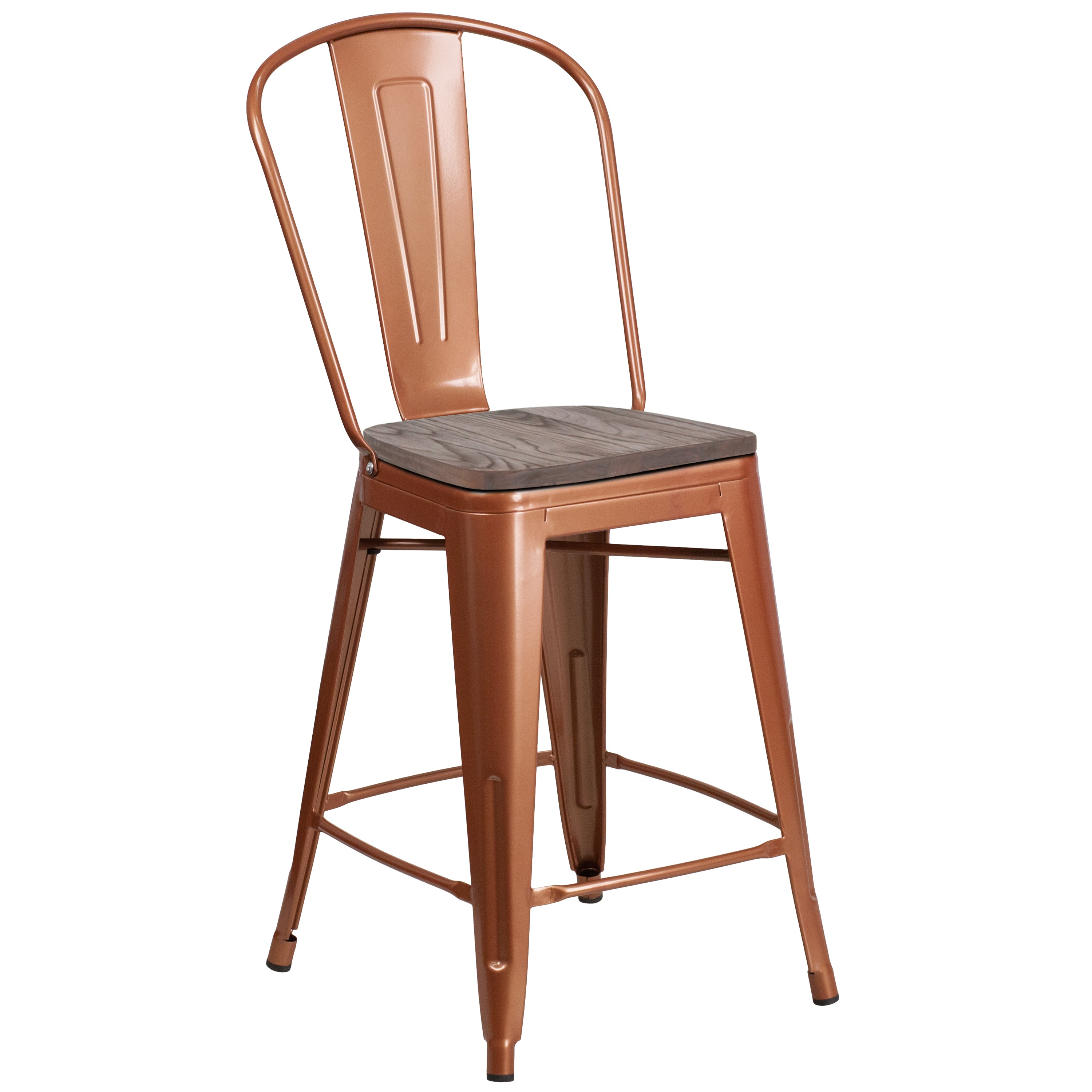Carly 24" High Copper Metal Counter Height Stool with Back and Wood Seat