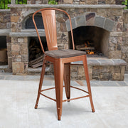 Carly 24" High Copper Metal Counter Height Stool with Back and Wood Seat