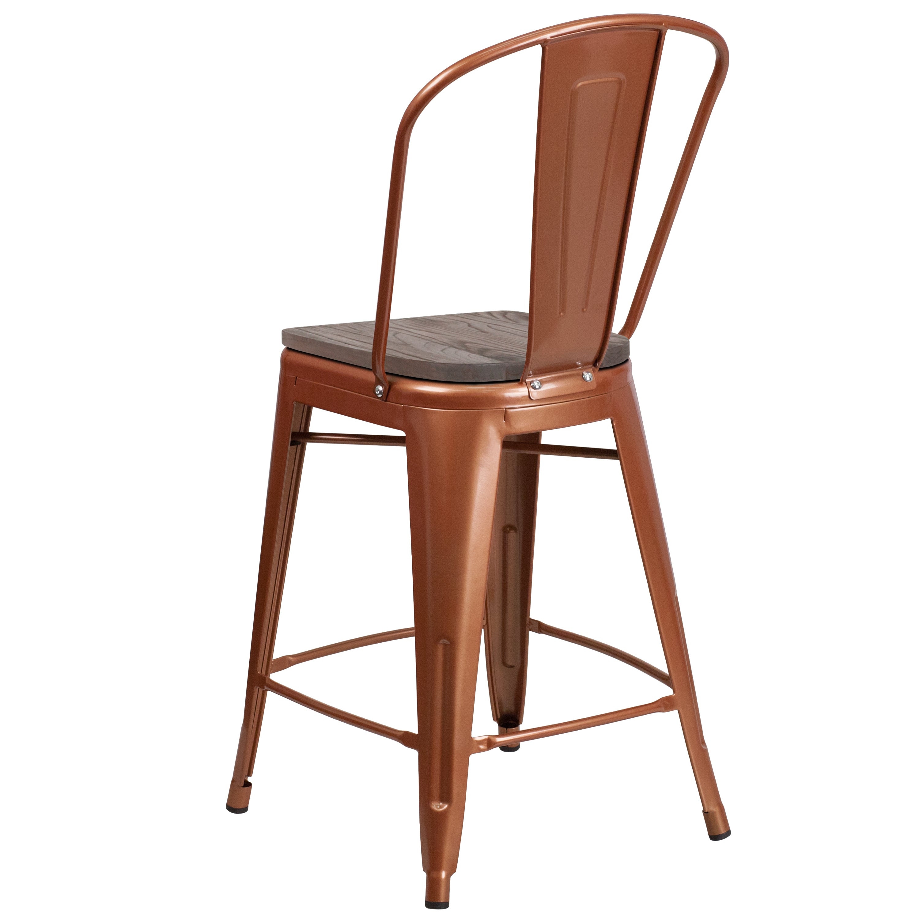 Carly 24" High Copper Metal Counter Height Stool with Back and Wood Seat