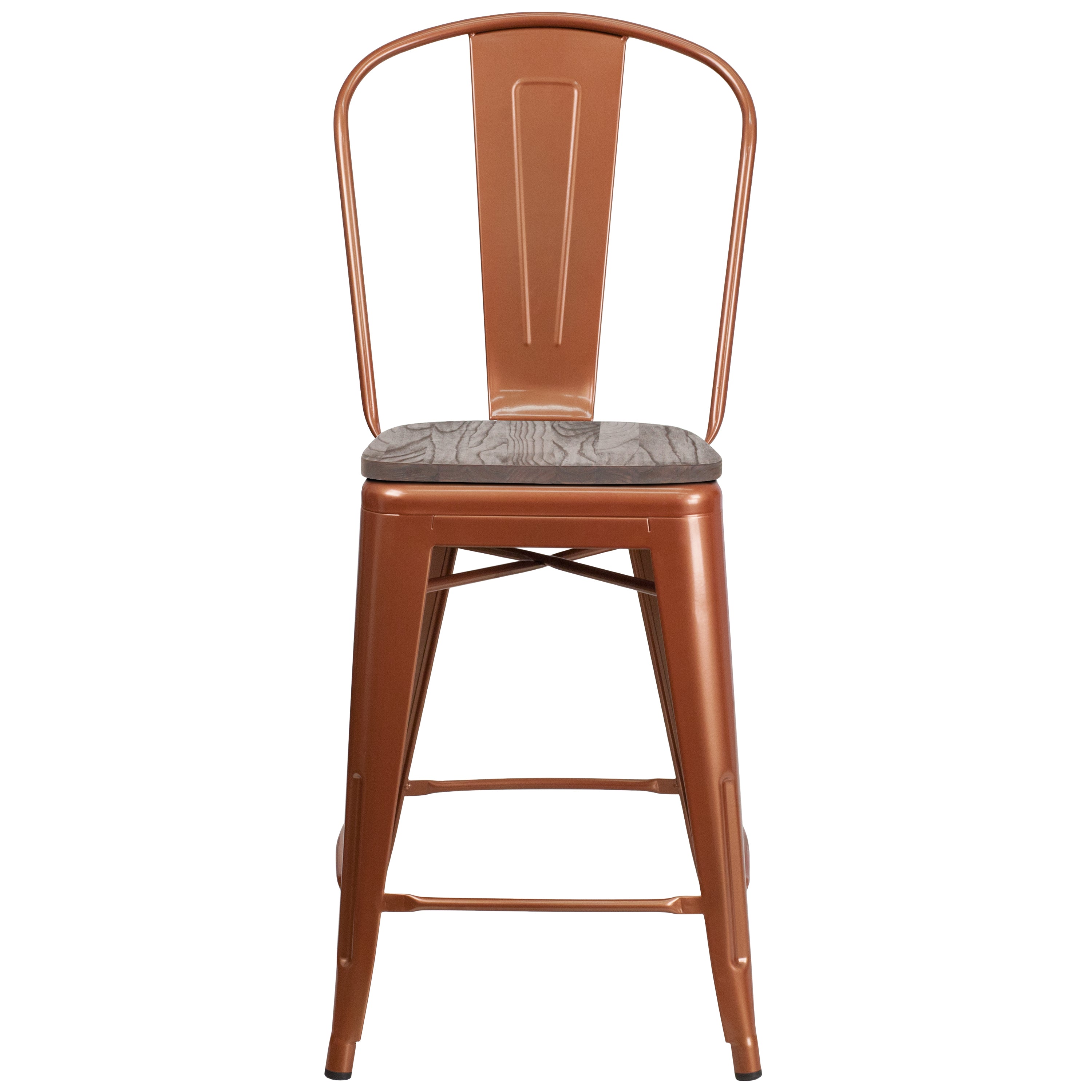 Carly 24" High Copper Metal Counter Height Stool with Back and Wood Seat
