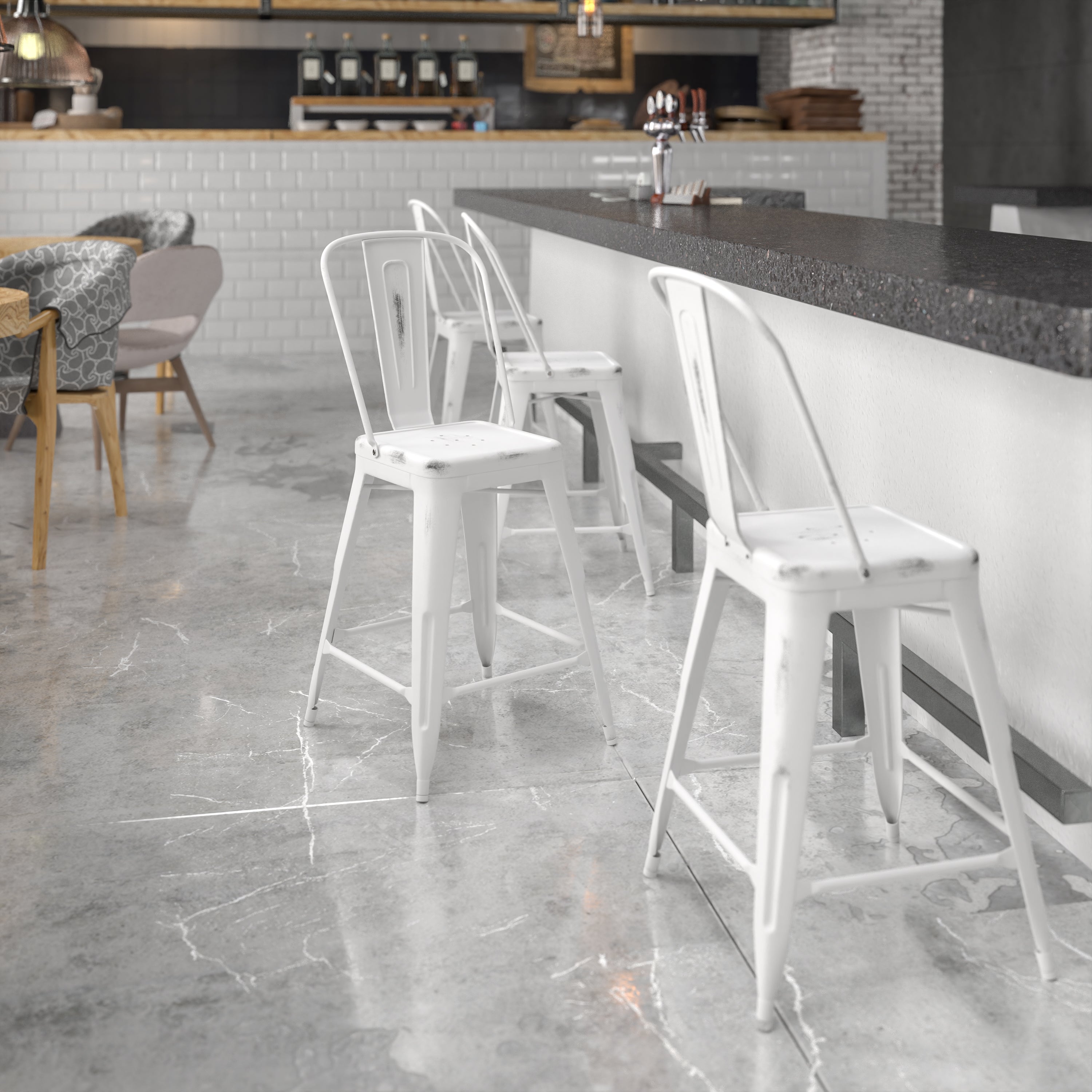 Carly Commercial Grade 24" High Distressed White Metal Indoor-Outdoor Counter Height Stool with Back