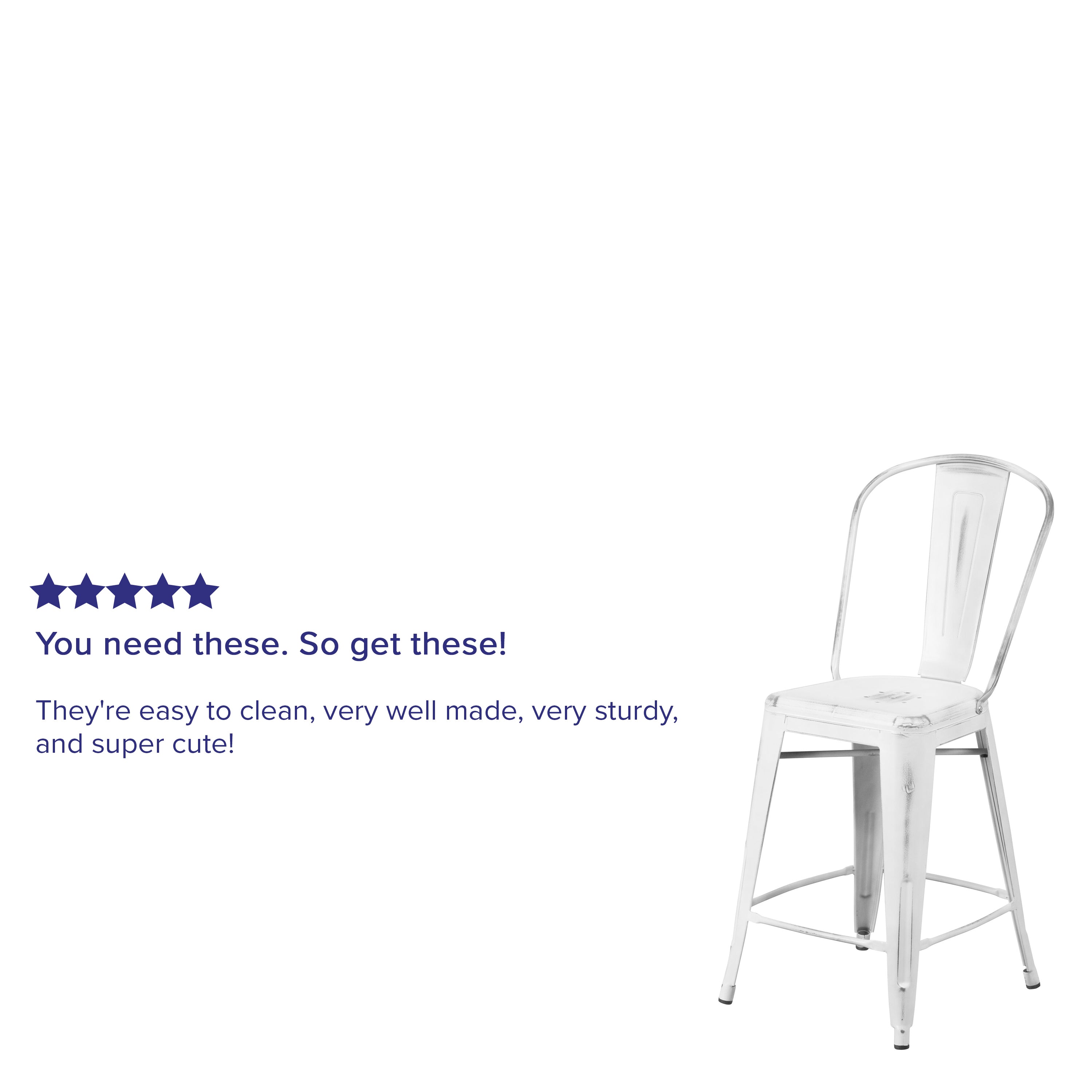 Carly Commercial Grade 24" High Distressed White Metal Indoor-Outdoor Counter Height Stool with Back