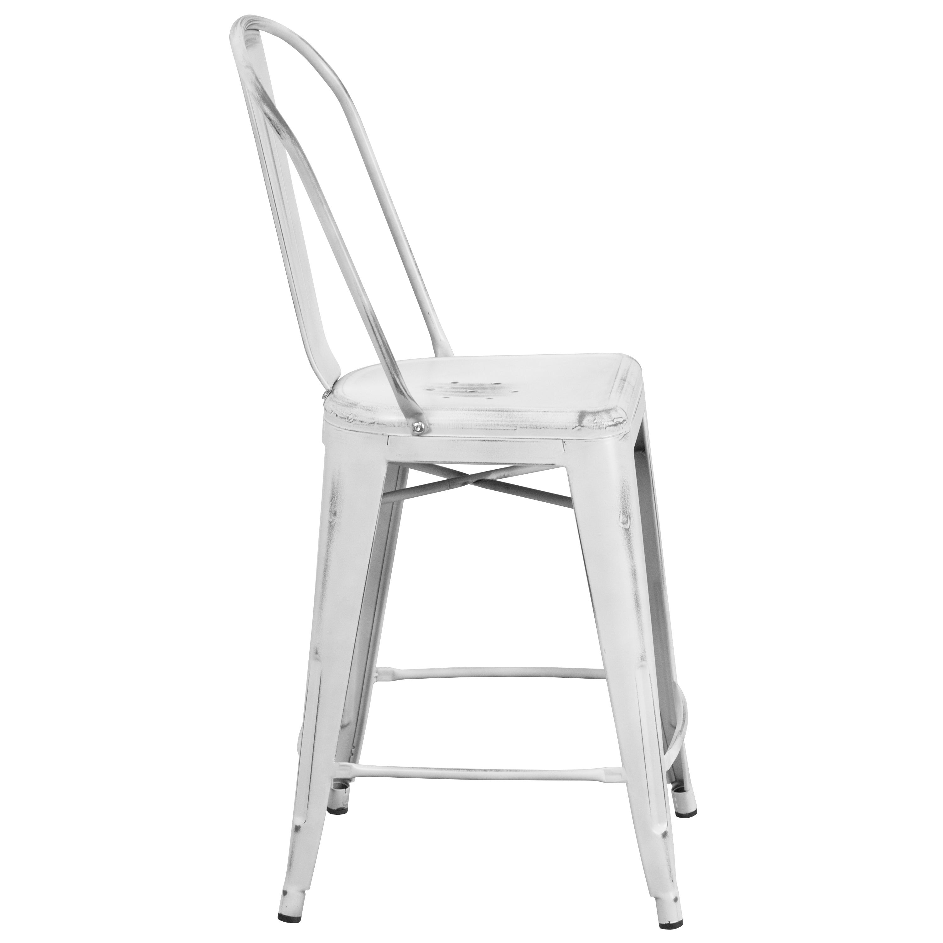 Carly Commercial Grade 24" High Distressed White Metal Indoor-Outdoor Counter Height Stool with Back