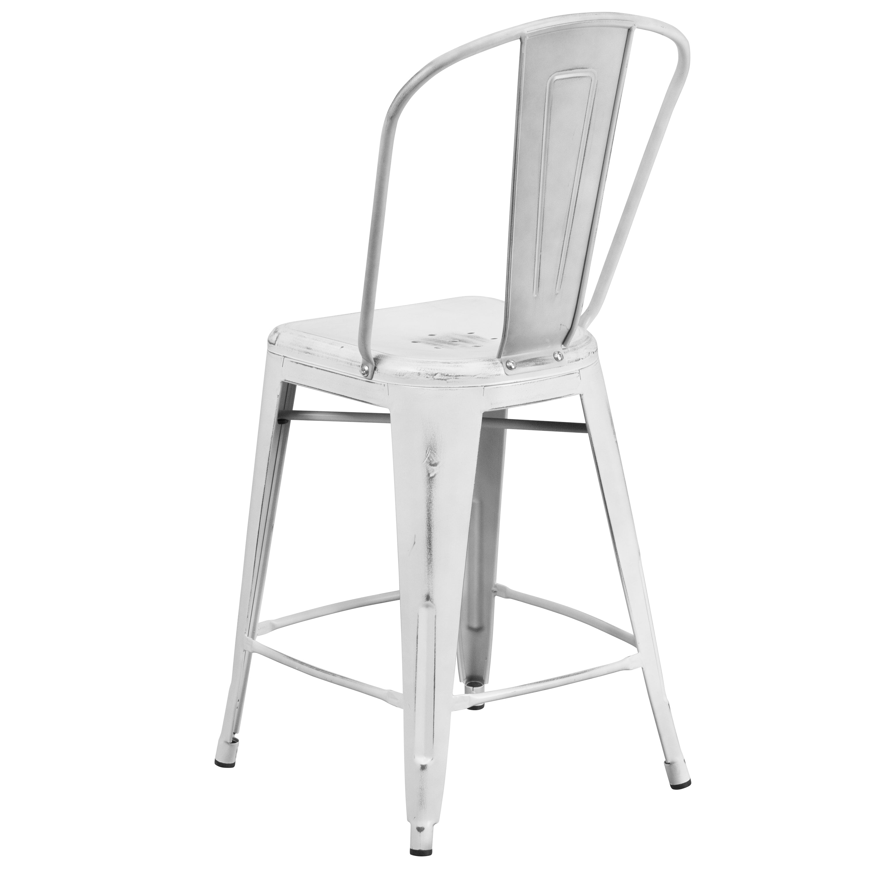 Carly Commercial Grade 24" High Distressed White Metal Indoor-Outdoor Counter Height Stool with Back