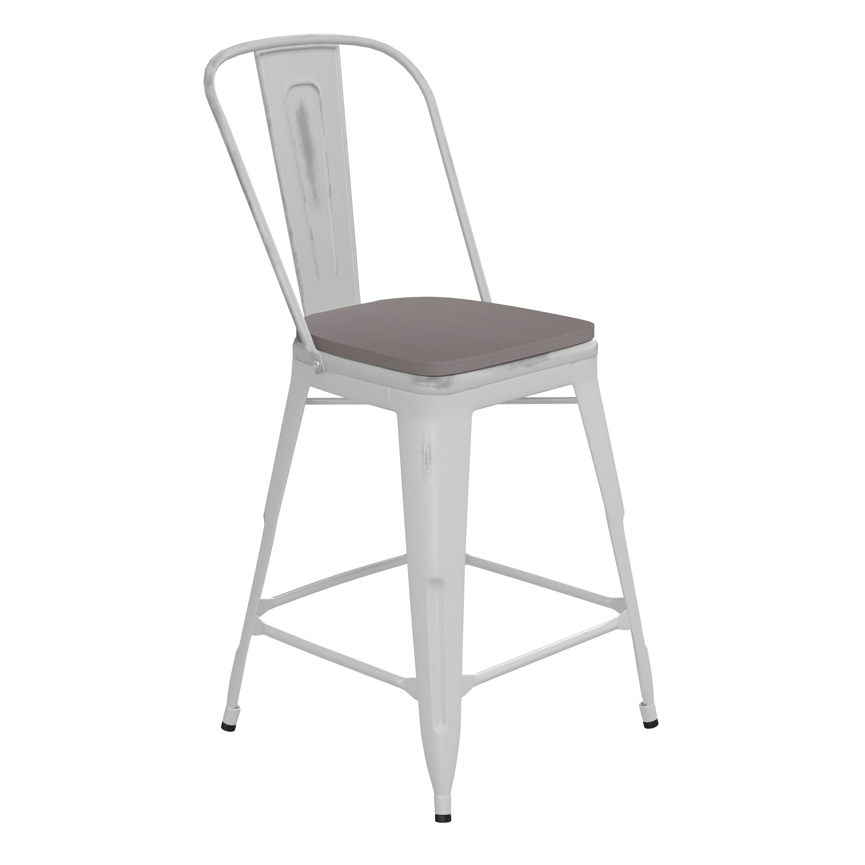 Carly Commercial Grade 24" High White Metal Indoor-Outdoor Counter Height Stool with Back with Gray Poly Resin Wood Seat