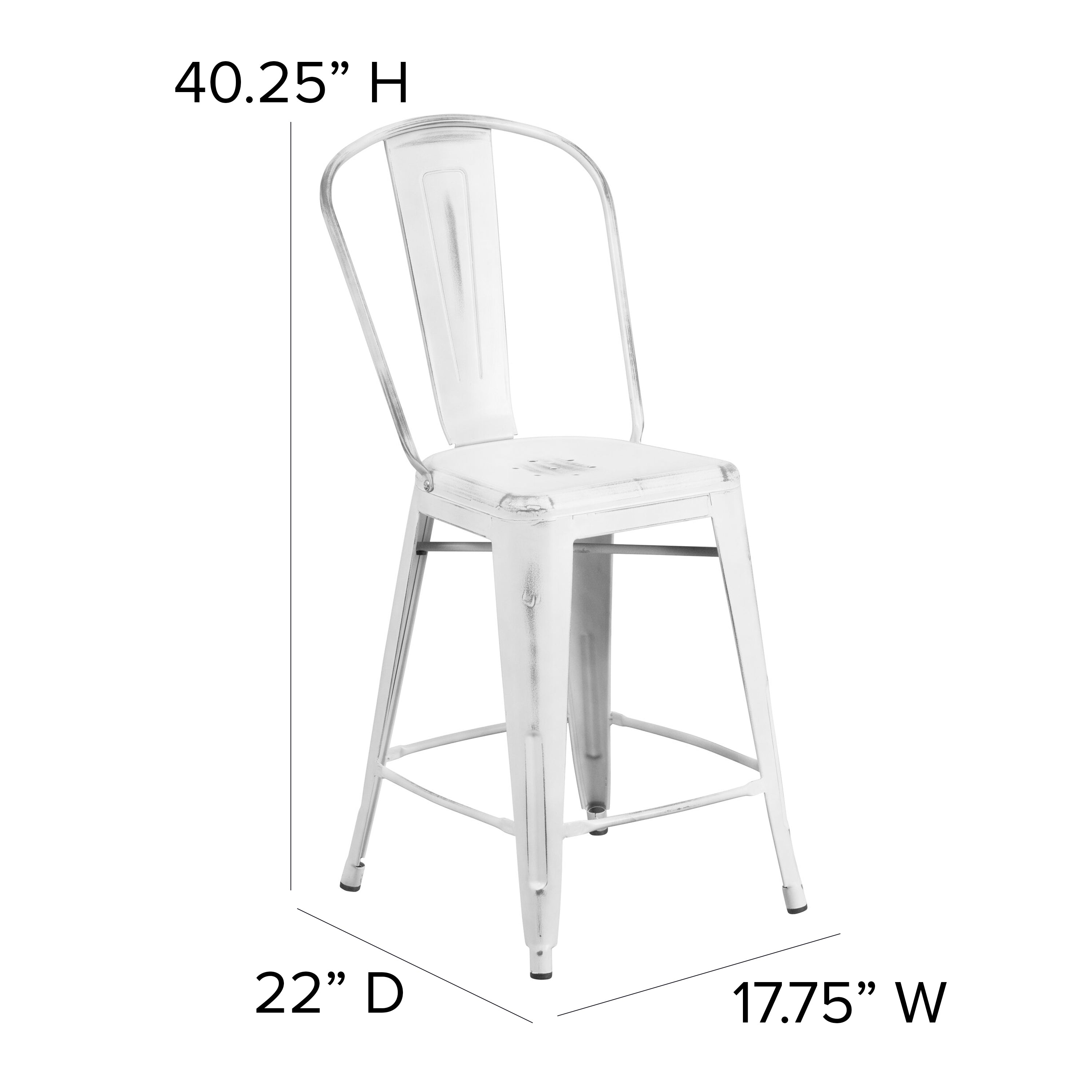 Carly Commercial Grade 24" High White Metal Indoor-Outdoor Counter Height Stool with Back with Gray Poly Resin Wood Seat
