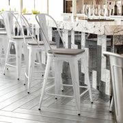 Carly Commercial Grade 24" High White Metal Indoor-Outdoor Counter Height Stool with Back with Gray Poly Resin Wood Seat