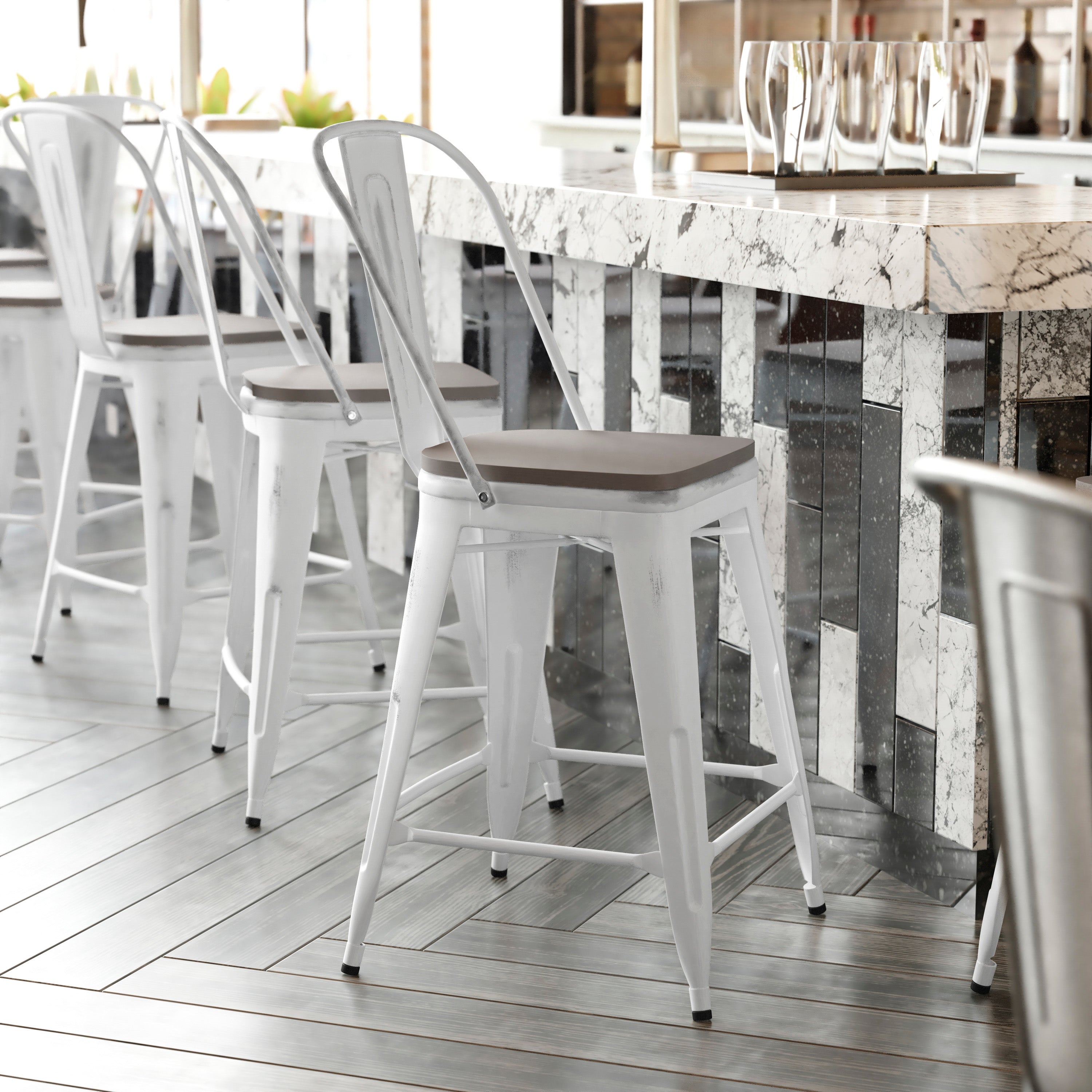 Carly Commercial Grade 24" High White Metal Indoor-Outdoor Counter Height Stool with Back with Gray Poly Resin Wood Seat